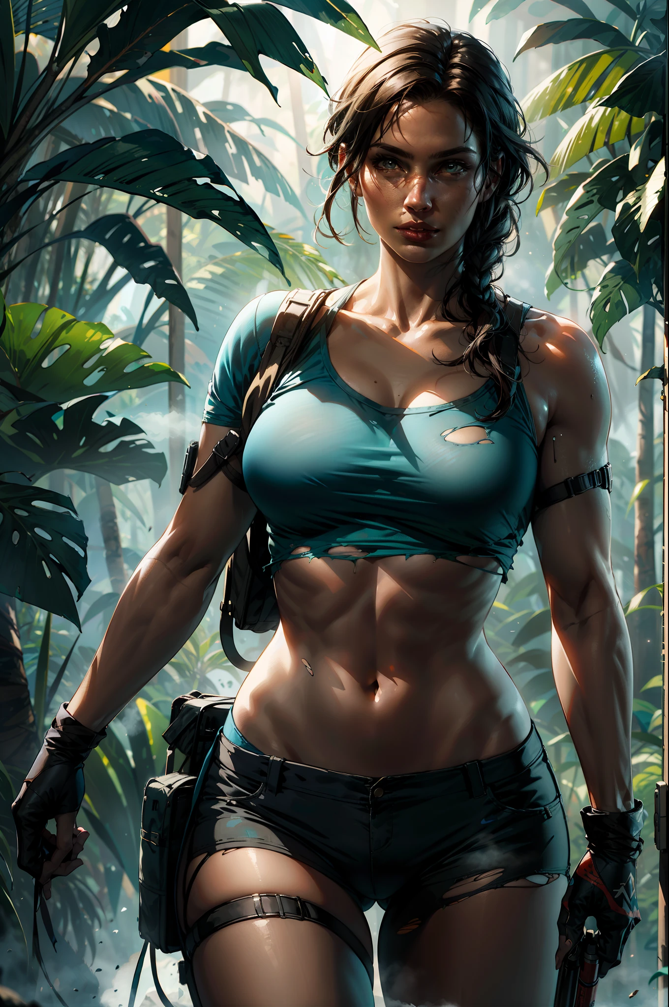 cowboy shot of lara croft, torn clothes, volumetric light, steaming body, particles, jungle, realistic