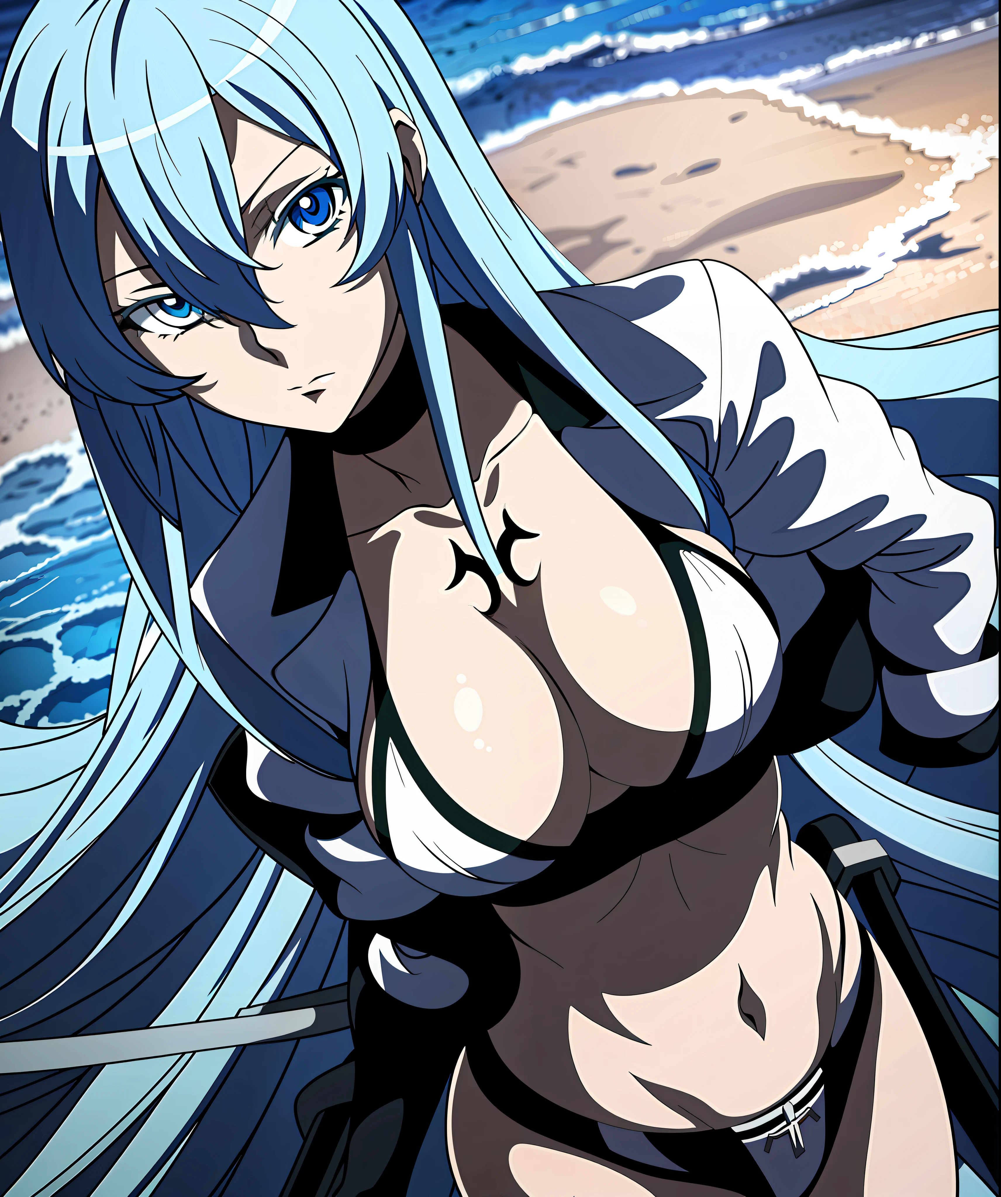 Esdeath, drawing in the style of yusuke murata (1girl), (large breasts), sweat, realistic, bikini with chains, 1girl, light skin, art in the style of Yusuke Murata, girl alone, blue eyes, digital anime art, sexy anime girl, female anime girl, anime art, big oppai, badass anime 8 k, anime art, sexy outfit, very attractive, sensual,