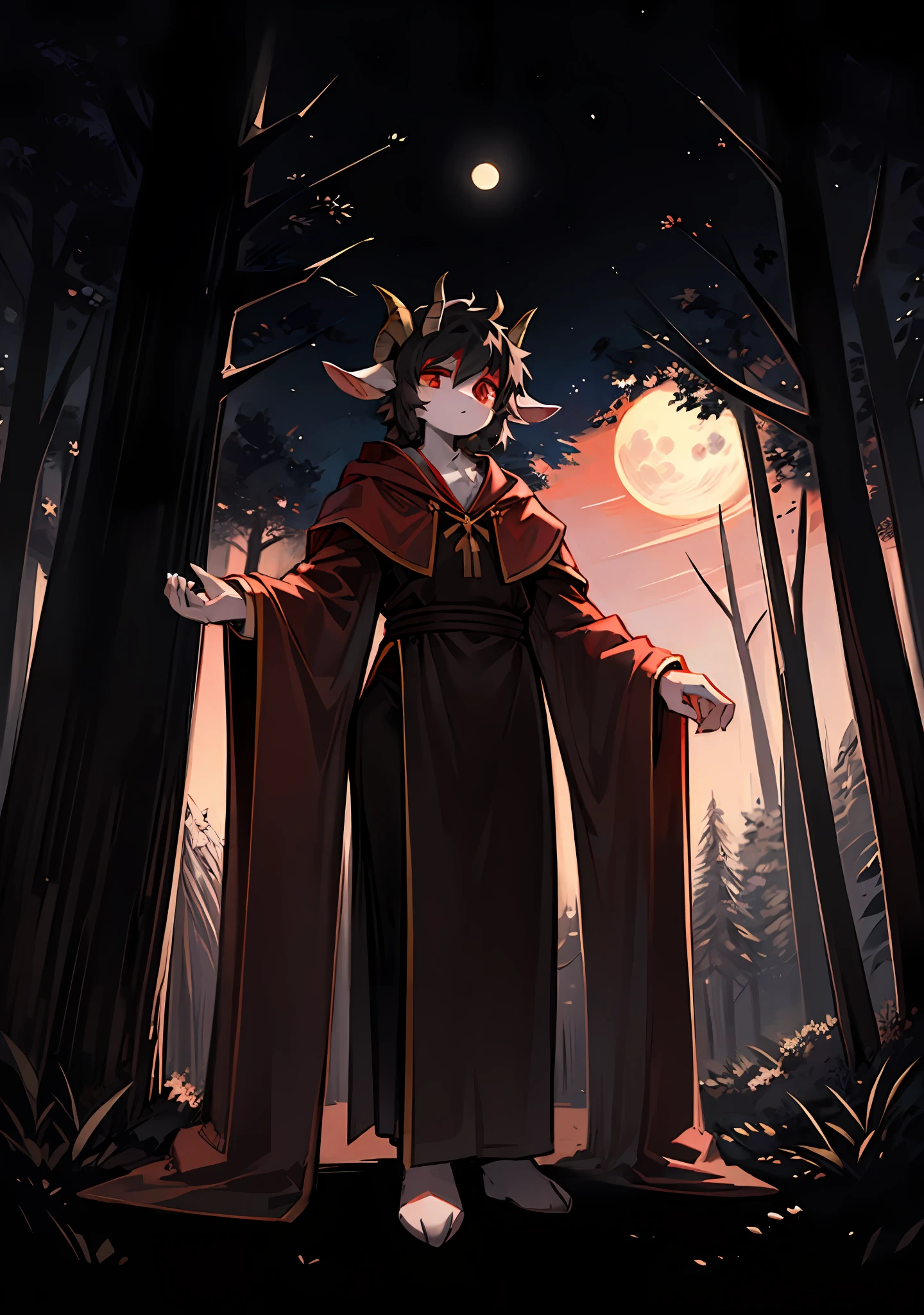 best quality, super detailed illustration, (1 goat boy with long horns: 1.5), black hair, red eyes, judge's robe, forest, moon, sketch, full body, highest quality, anime, full-length, whole body visible