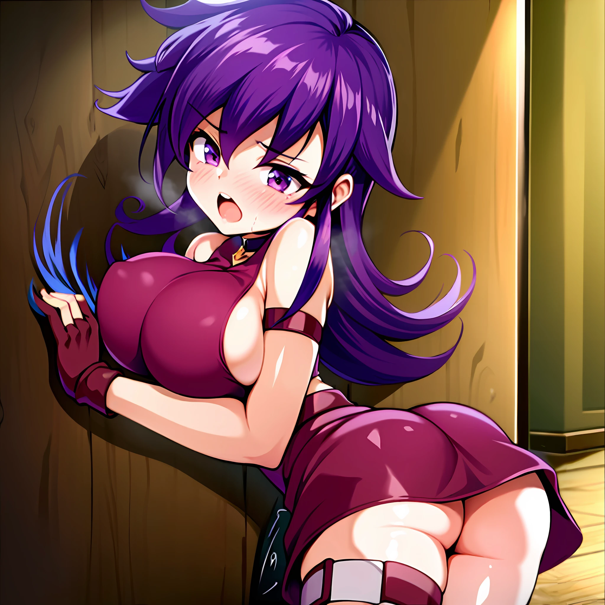 great anatomy, (viewed from side, in profile), 1girl:(against_wall cute kawaii _face athletic_teenager bent_over ass bangs bare_shoulders belt full-face_blush choker curvy dark_red_dress purple_eyes fingerless_gloves sleeveless jewelry large_breasts sideboob long_hair wavy_hair purple_eyes purple_hair solo_focus bicep_strap thigh_strap tasogare_mimi), hands pressed against wall, cum