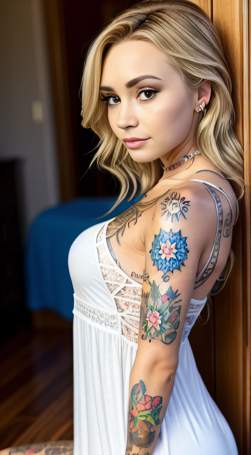 Sabrina carpenter kisses demi lovato, highlight hair, sitting, indoors, bedroom, wearing nightgown, rim lighting, studio lighting, looking at the camera, DSLR, ultra quality, sharp focus, tack sharp, dof, film grain, Fujifilm XT3, crystal clear, 8K UHD, highly detailed shiny eyes, highly detailed skin, skin pores, lesbian, blonde hair, tattoos