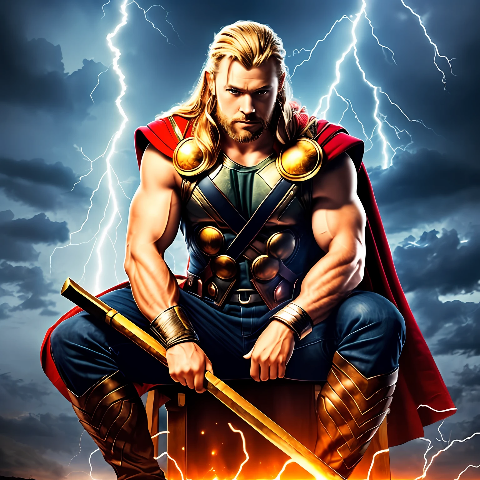A closeup of a man sitting on a throne with lightning in the background, holding a hammer in his hand, thor god of thunder --auto