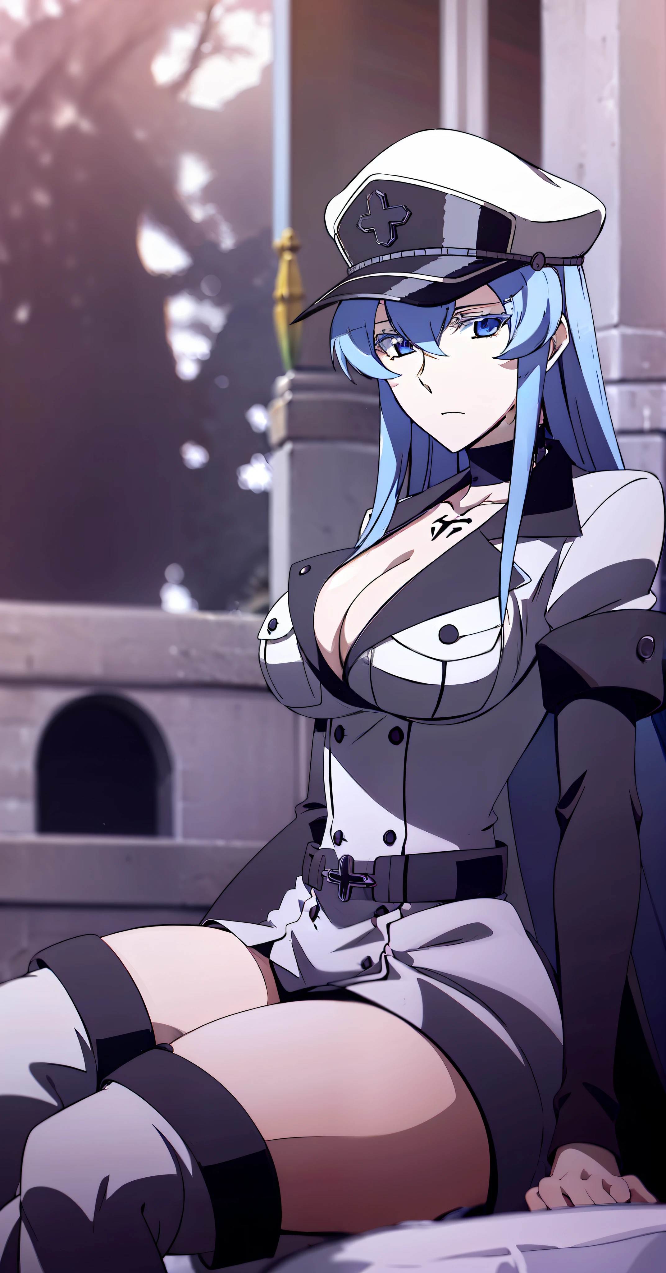 masterpiece, best quality, very detailed 
Esdeath, 1girl, solo, long_hair, breasts, large_breasts, thighhighs, hat, cleavage, sitting, boots, choker, uniform, zettai_ryouiki, military, military_uniform, front view, portrait, close up,