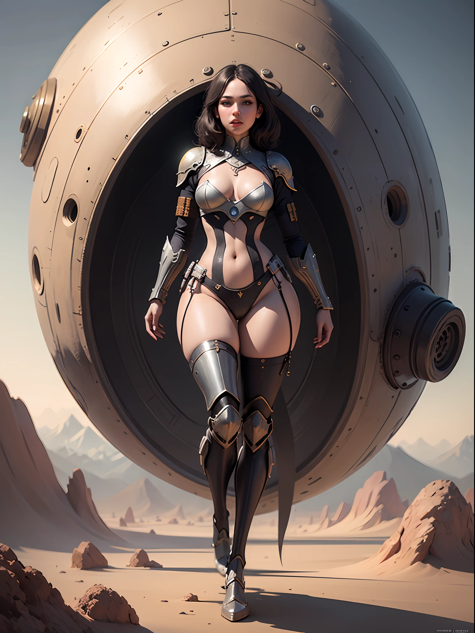 Beautiful girl in steampunk battle armor on an alien planet, beautiful body, alien landscape, steampunk elements, steampunk details, small breasts, wide hips, full-length, full body, vector graphics, vector design as Greg Rutkowski