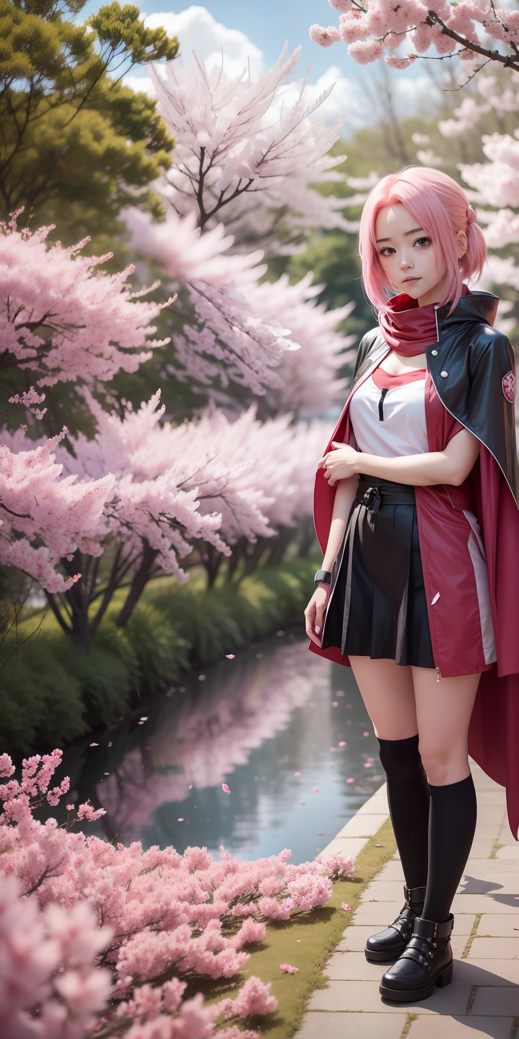 anime girl with pink hair and a red cape standing in front of a lake, sakura haruno, haruno sakura, sakura haruno in slug sage mode, sakura kinomoto, sakura petals around her, sakura season, lush sakura, from naruto, anime style character, anime woman, sakura bloomimg, female anime character, anime character, yayoi kasuma