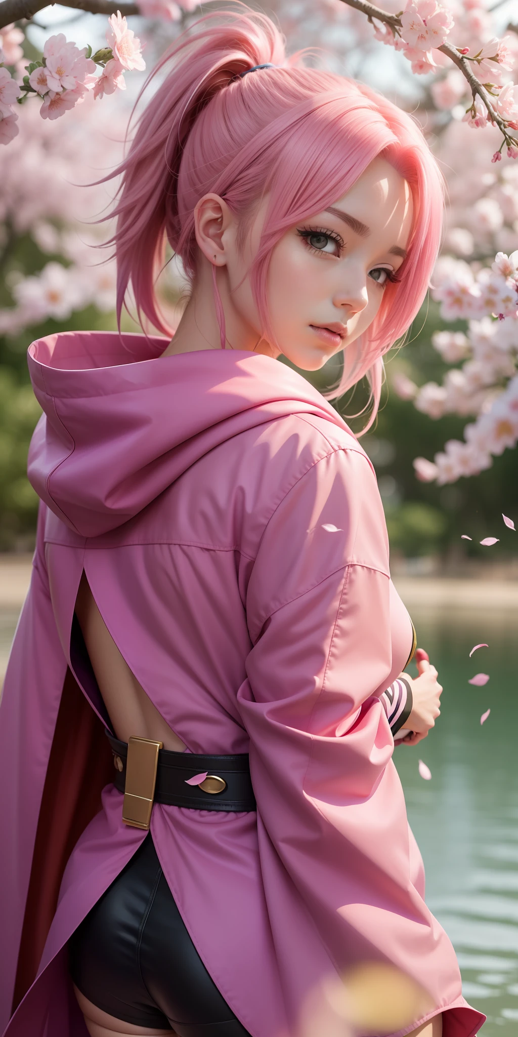 anime girl with pink hair and a red cape standing in front of a lake, sakura haruno, haruno sakura, sakura haruno in slug sage mode, sakura kinomoto, sakura petals around her, sakura season, lush sakura, from naruto, anime style character, anime woman, sakura bloomimg, female anime character, anime character, yayoi kasuma