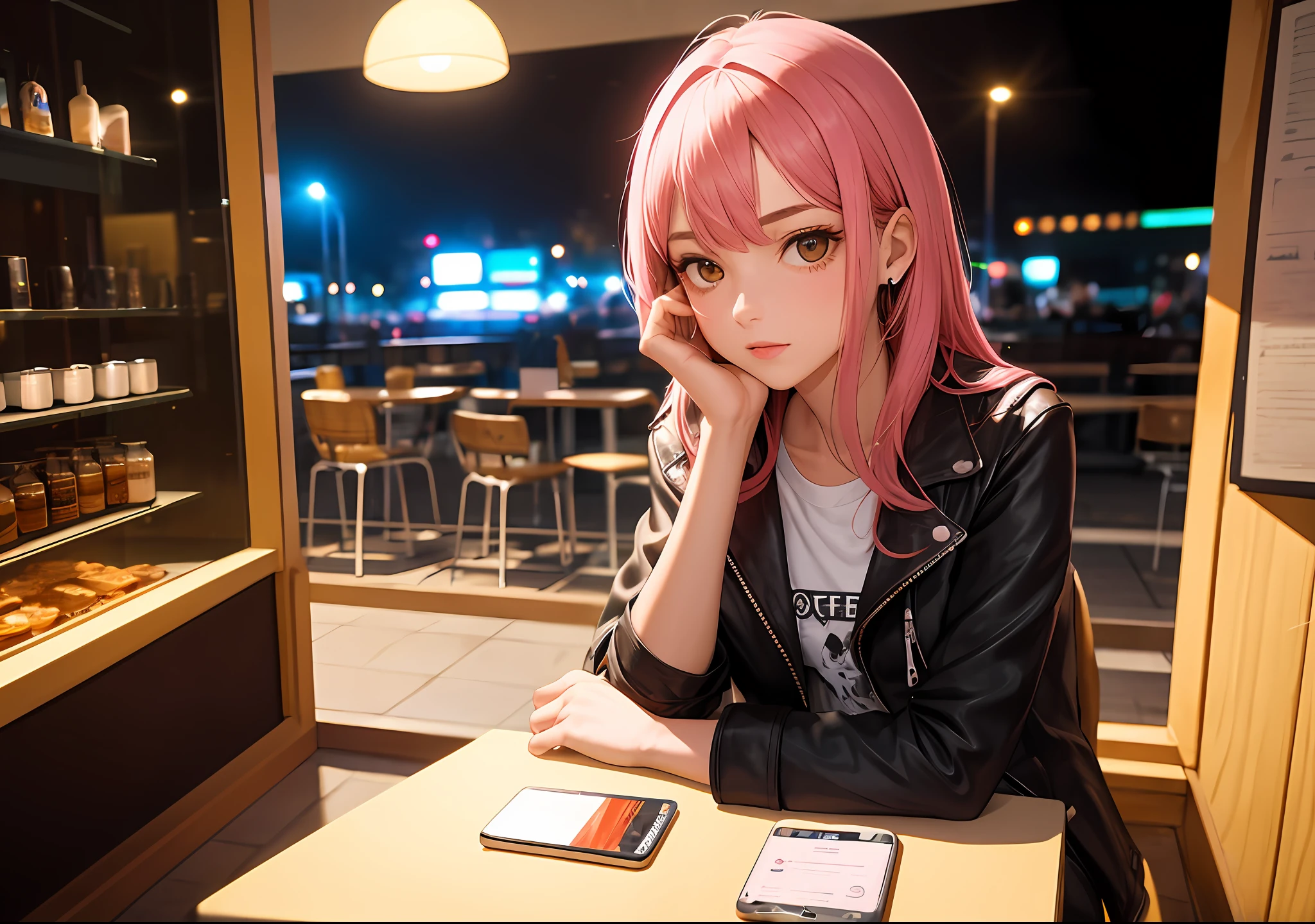 (ultra detailed, ultra high res, detailed background), (night), (distant), chiaroscuro, coffee, indoors, solo focus, Street Space, neon lights, pov, (through the window), 1girl, side, front, (looking away), pink hair, absent-minded, sitting,jacket with headset, (armrest),
