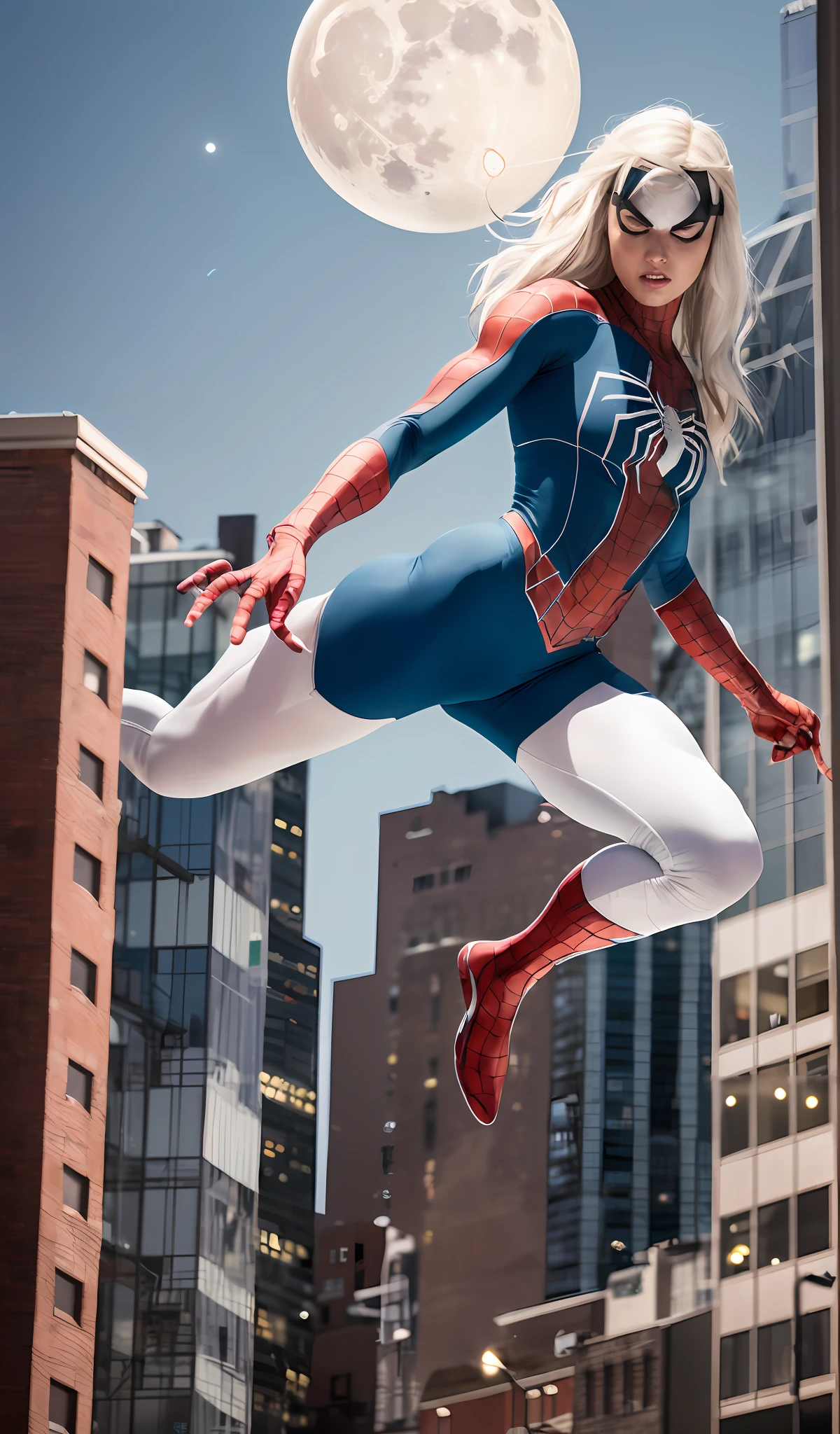 (Masterpiece, 4k resolution, ultra-realistic, very detailed), (White superhero theme, charismatic, there's a girl on top of town, wearing Spider-Man costume, she's a superhero), [ ((25 years), (long white hair:1.2), full body, (blue eyes:1.2), ((Spider-Man pose),show of strength, jumping from one building to another), ((sandy urban environment):0.8)| (cityscape, at night, dynamic lights), (full moon))] # Explanation: The Prompt mainly describes a 4K painting of ultra-high definition, very realistic, very detailed. It shows a superheroine at the top of the city, wearing a Spider-Man costume. The theme in the painting is a white superhero theme, the female protagonist has long white hair, is 25 years old and her entire body is shown in the painting. In terms of portraying the actions of superheroines, spiders are employed