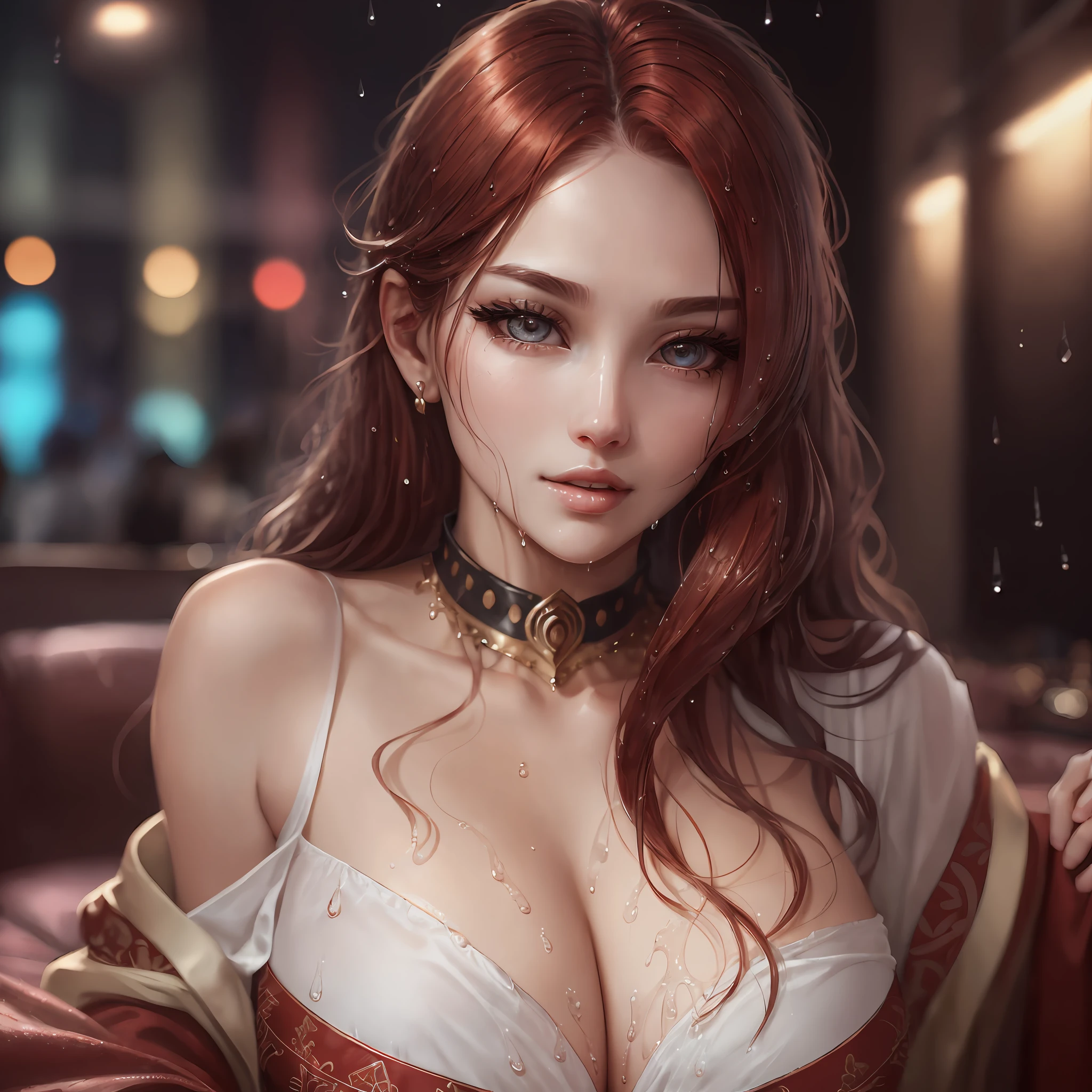 (Best quality, 4k, Masterpiece: 1.3), beautiful woman,priestess,sexy,seductive, hyper realistic, 1girl, (huge breasts, attractive body: 1.2), abdomen: 1.1, red hair: 1.1, (wet rainy, wet from rain, wet body: 1.2), ultra-detailed face, detailed lips, detailed eyes, double eyelid, sensual low-collar dress, open neckline, droopy breasts, side pose, visible curves, party floor, dance floor, photorealistic, Party couch, lying with friend, transparent bathrobe, four fingers a thumb. --auto --s2