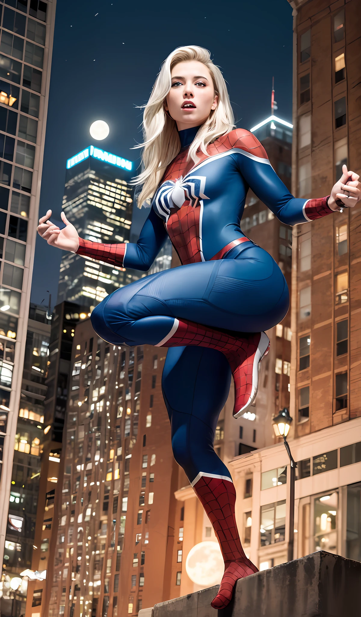 (Masterpiece, 4k resolution, ultra-realistic, very detailed), (White superhero theme, charismatic, there's a girl on top of town, wearing Spider-Man costume, she's a superhero), [ ((25 years), (long white hair:1.2), full body, (blue eyes:1.2), ((Spider-Man pose),show of strength, jumping from one building to another), ((sandy urban environment):0.8)| (cityscape, at night, dynamic lights), (full moon))] # Explanation: The Prompt mainly describes a 4K painting of ultra-high definition, very realistic, very detailed. It shows a superheroine at the top of the city, wearing a Spider-Man costume. The theme in the painting is a white superhero theme, the female protagonist has long white hair, is 25 years old and her entire body is shown in the painting. In terms of portraying the actions of superheroines, spiders are employed