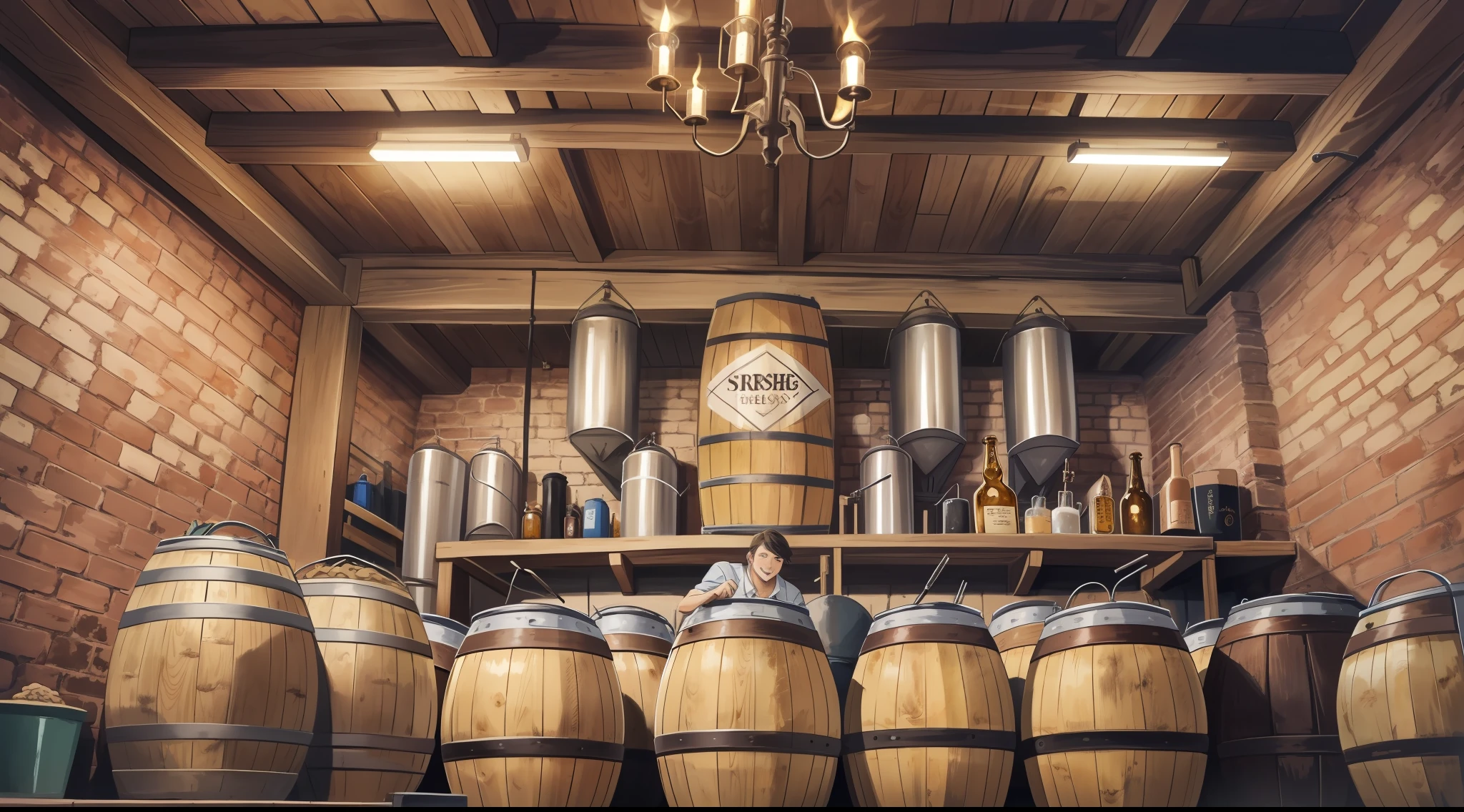 (((masterpiece)))three men, (faces without malformations), childhood friends, aged 45, brew craft beer in a basement of a colonial town. Several barrels are stored by the corners while they worry about the cauldron where the mixture is being made, the aromas are in the air, to an atmosphere of happiness and joy, wide basement lit by basculas, hand-drawn, pencil paint, tavern, beer, hops, barley, poster, digital illustration