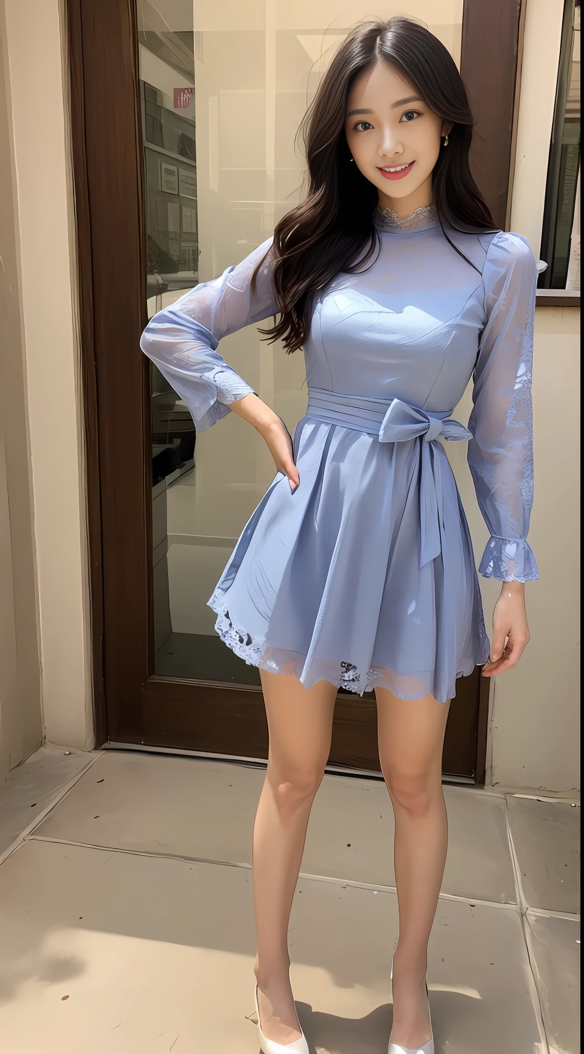 ((Best Quality, 8k, Masterpiece: 1.3)), 1 girl, smile, full body, slim face, a dress in Chinese style, lace elements at the neckline and cuffs of the dress Dark pattern is a traditional moire pattern, details such as pleats, embroidery, beads, silk, crepe, knee-length or length, dress with bows or flowers at the waist or neckline
