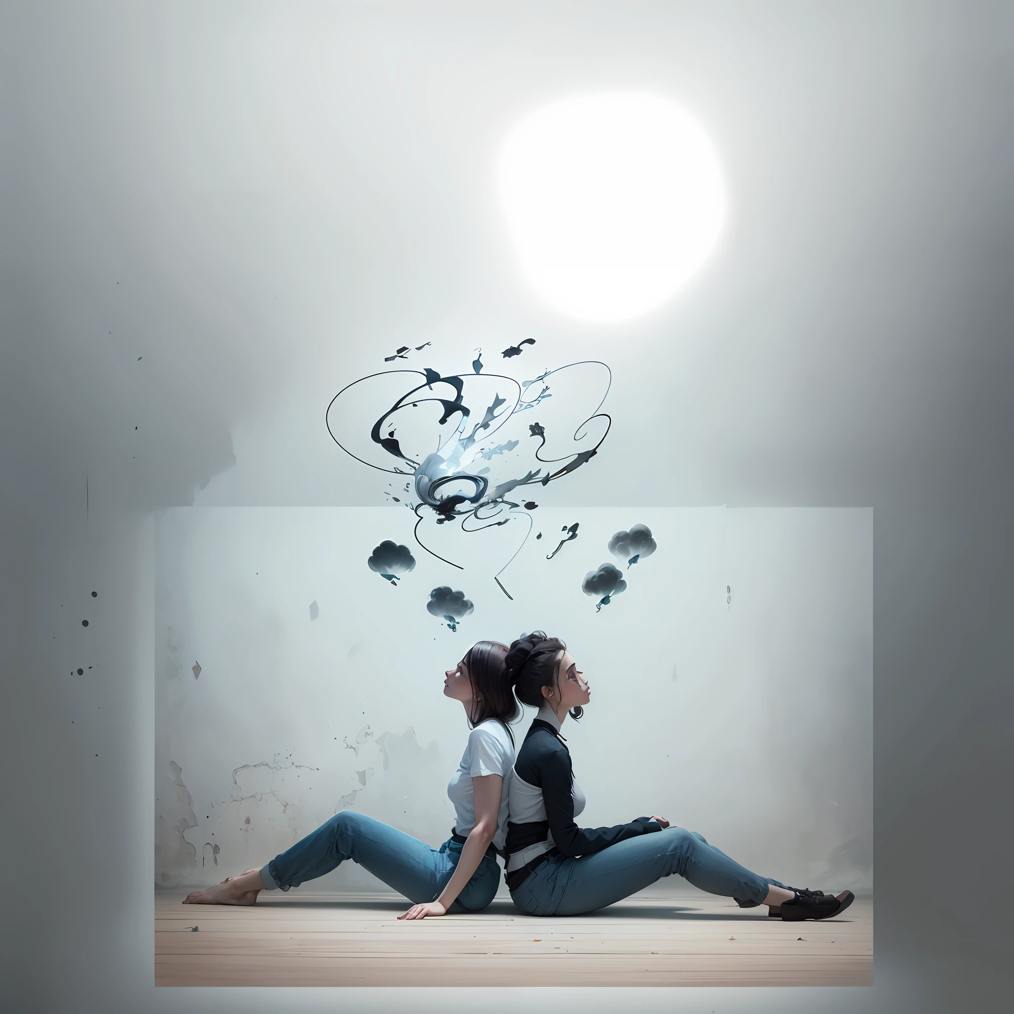 two women sitting on the floor with a drawing of a man and a woman, promotional art, thinking pose, dramatic thinking pose, promotional image, thoughtful), ad image, thinker pose, full image, expressive pose, thoughtful, next generation, looking at each other without thinking, artistic interpretation, artistic impression, generation z, expressive poses, photo shoot,  thoughts, twirling, thinking, face in hand, hiding face, action of sadness, resting face in hand