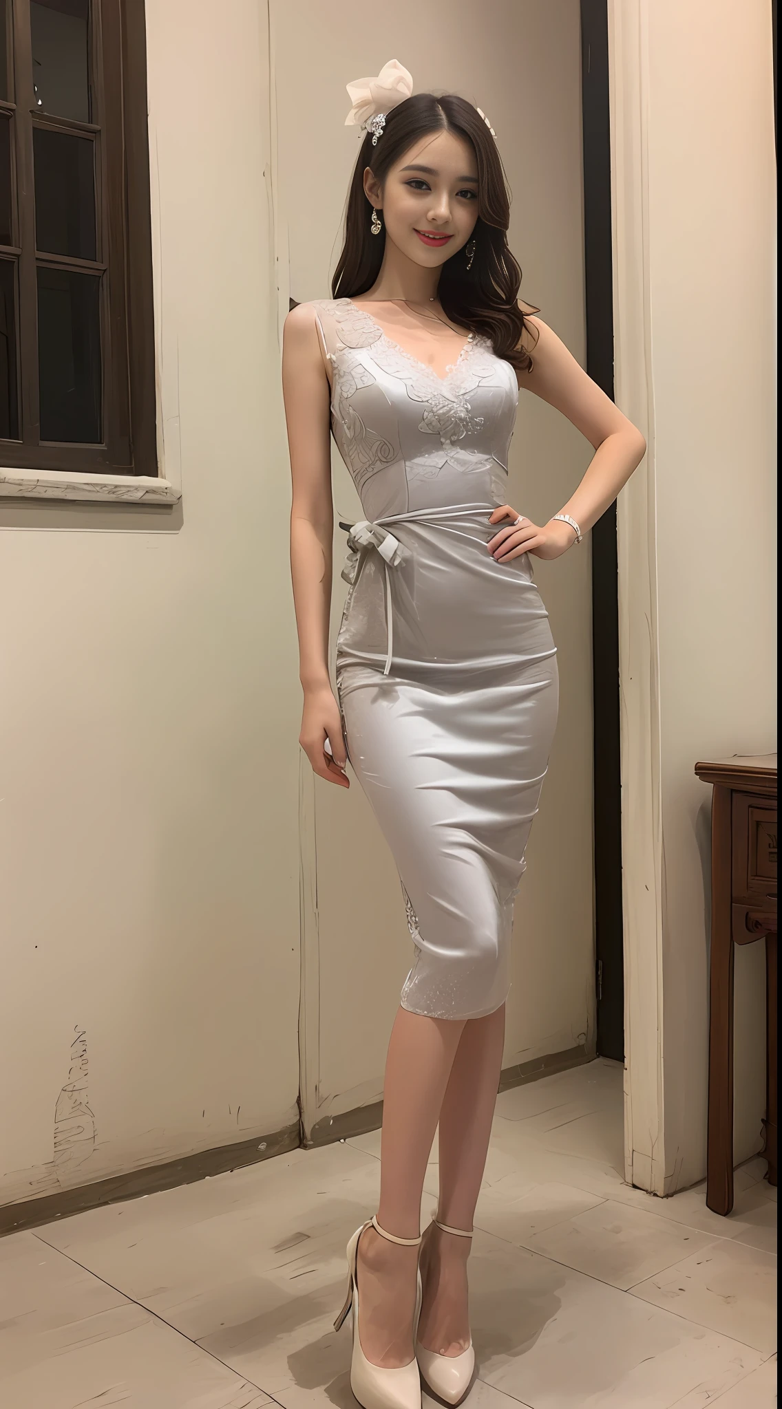 ((Best Quality, 8k, Masterpiece: 1.3)), 1 girl, smile, full body, slim face, a dress in Chinese style, lace elements at the neckline and cuffs of the dress Dark pattern is a traditional moire pattern, details such as pleats, embroidery, beads, silk, crepe, knee-length or length, dress with bows or flowers at the waist or neckline