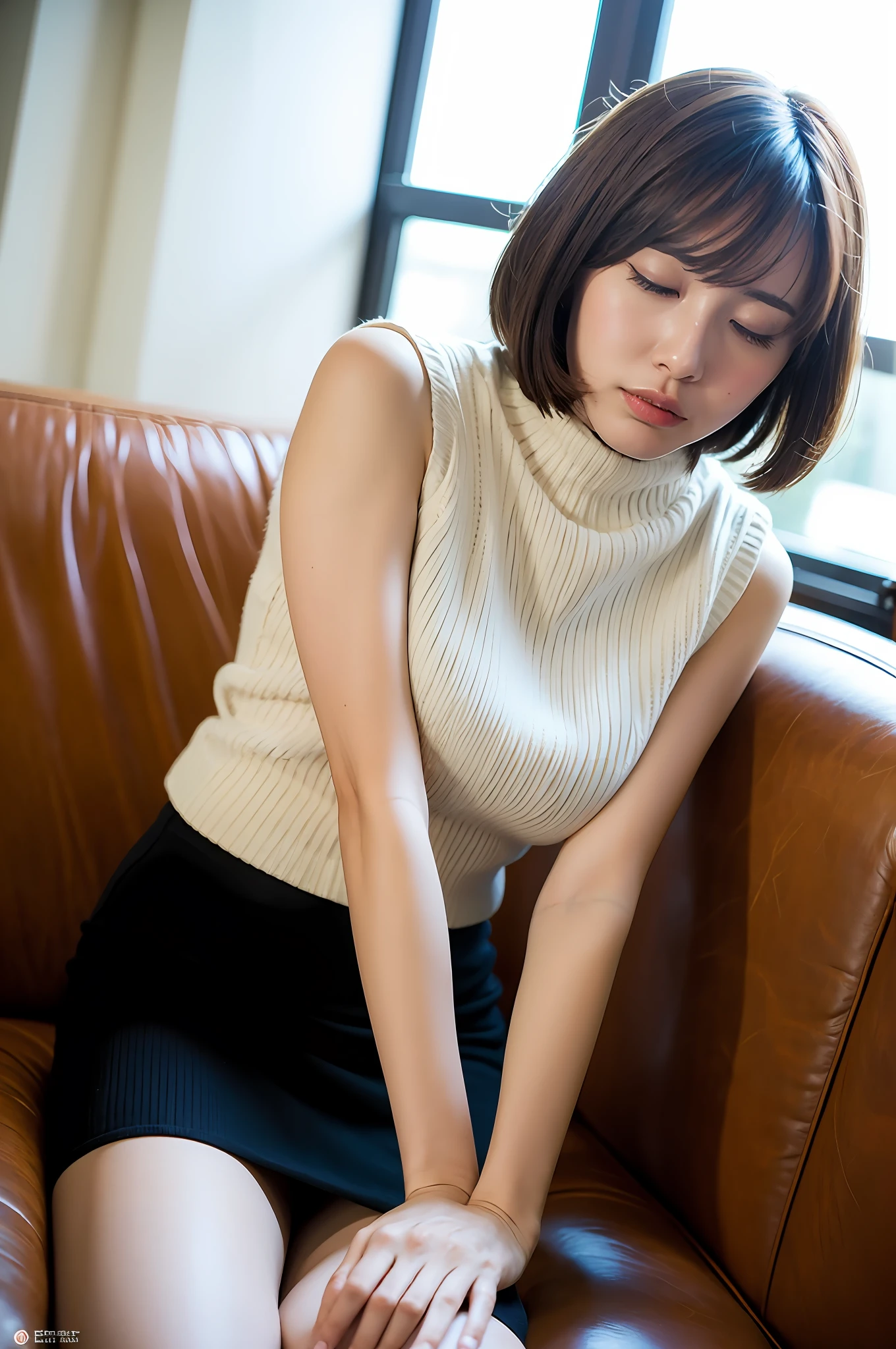 Top quality, Masterpiece, High resolution, 1girl, Beautiful and perfect face, Bob layer cut, Sleeveless turtleneck knit, Mini skirt, clean underarms, intricate details, cinematic feel, 8K, Very detailed, Big, top view, Natural light, Big breast bulge, Side angle, Office, sofa, Dozing off, From the knees up, files, documents, pretty face, eyes are closed,