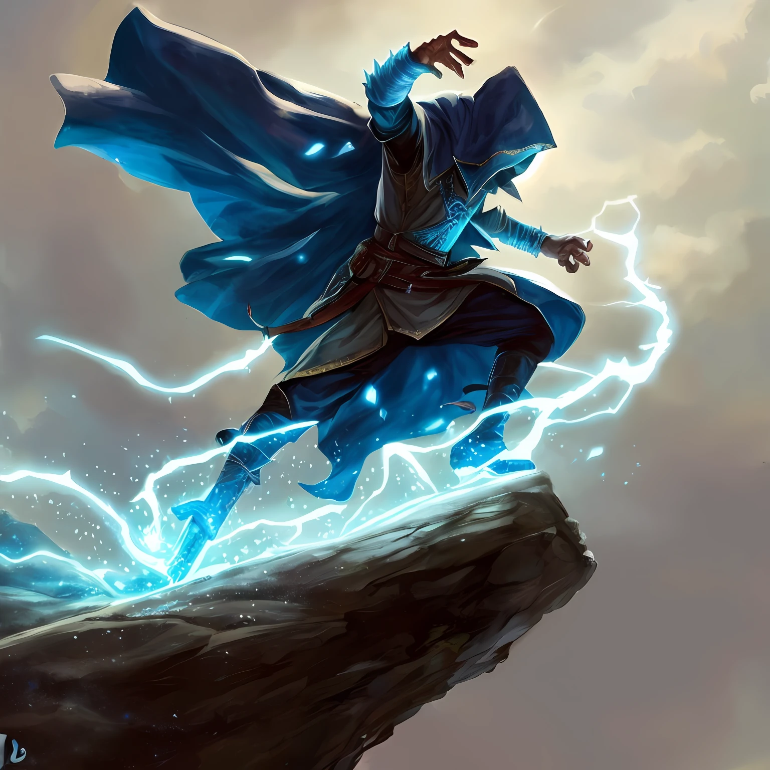 A closeup of a person on a cliff with a sword, an arcane wizard casting a spell, light sorcerer, wind sorcerer!, wind sorcerer, blue cloak.