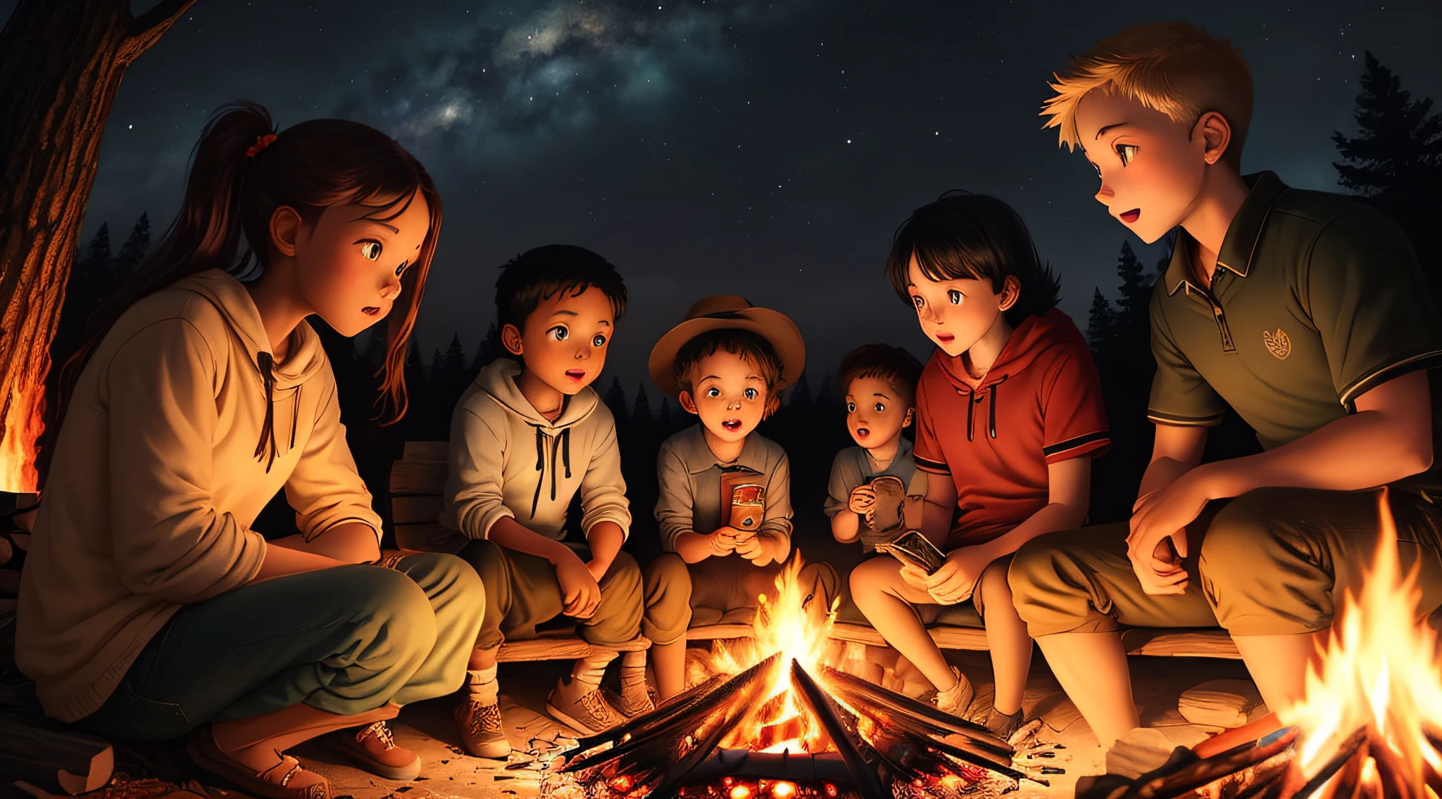 Many black children and white children together sitting on a campfire. Cute characters, chgibi characters. highly detailed. cartoon .image seen from afar