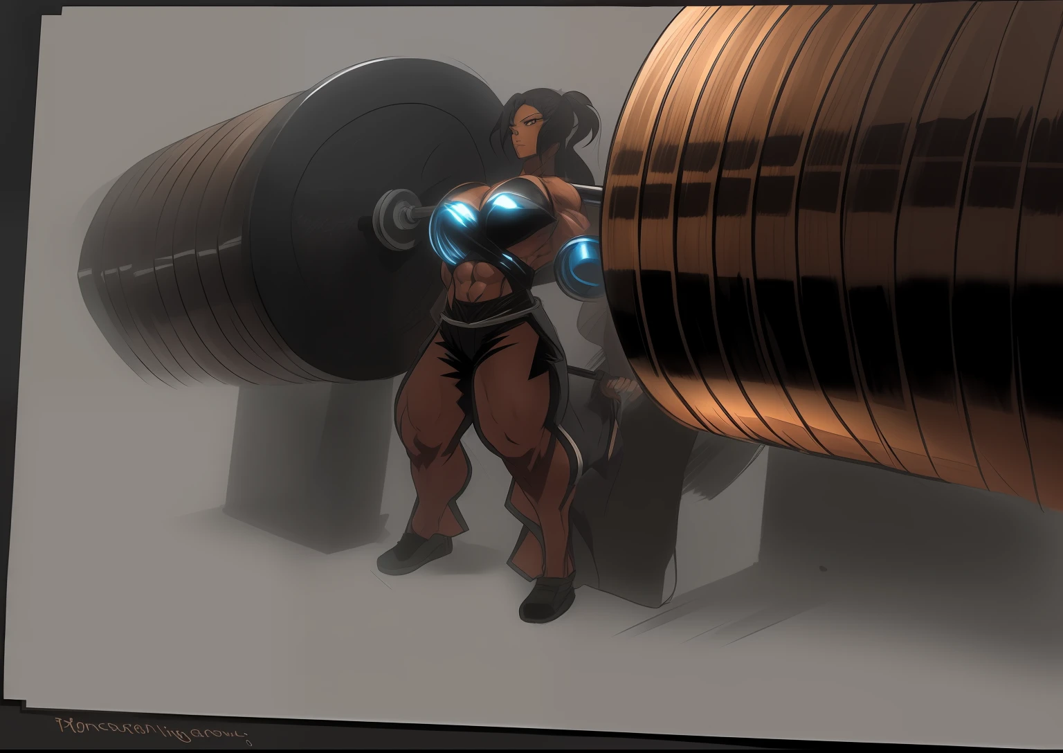 drawing of a muscular woman with dark skin and dark hair holding a huge barbell of weights on her chest, muscular!! muscular!!, muscular!!!, muscular! inspired by Masamune Shirow, muscular!, concept art!!, 4k. detailed drawing, inspired by Toriyama Sekien, large muscles, muscular, muscular character, muscle girl, dark skin, dark hair