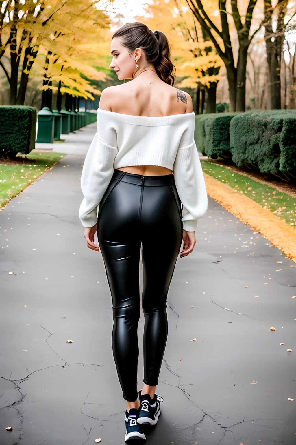 (best quality, masterpiece: 1.2), (PHOTOREALISTIC: 1.8), city sidewalk, (emma_watson:1.00), (bare_shoulders:1.00), (breasts:1.00), full body photo,full body, full body, centered, professional lighting, 50mm, headlight gallery, behance photography, incredibly detailed, sharpness, professional lighting, sharp focus, ANALOG, skin texture, skin pores, (high resolution scan:1.2), (offshoulder_sweater:1.00),  Bold outfit, looking back, perfect tail, transparent sports leggings