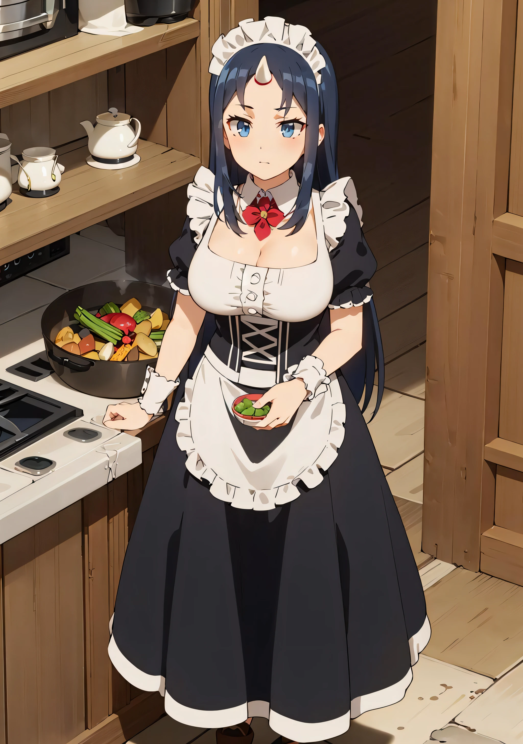 2d, masterpiece, best quality, anime best quality, 4k, ((masterpiece)), extremely detailed, 8k, trending on ArtStation, Intricate, High Detail, Sharp focus, fantasy, indoors, wooden floor, anime coloring, anime, standing, (from front:1.2), slight smile, (big breasts:1.2), skindentation, 1girl, (solo:1.2), holding hands, ann, maid, blue hair, straight hair, long hair, blue eyes, single horn, cleavage, maid headdress, long skirt, enmaided, frilled apron, wrist cuffs, short sleeves, detached collar, puffy sleeves, cowboy shot, inside kitchen, cooking, pot, boiling pots, meat, vegetables,