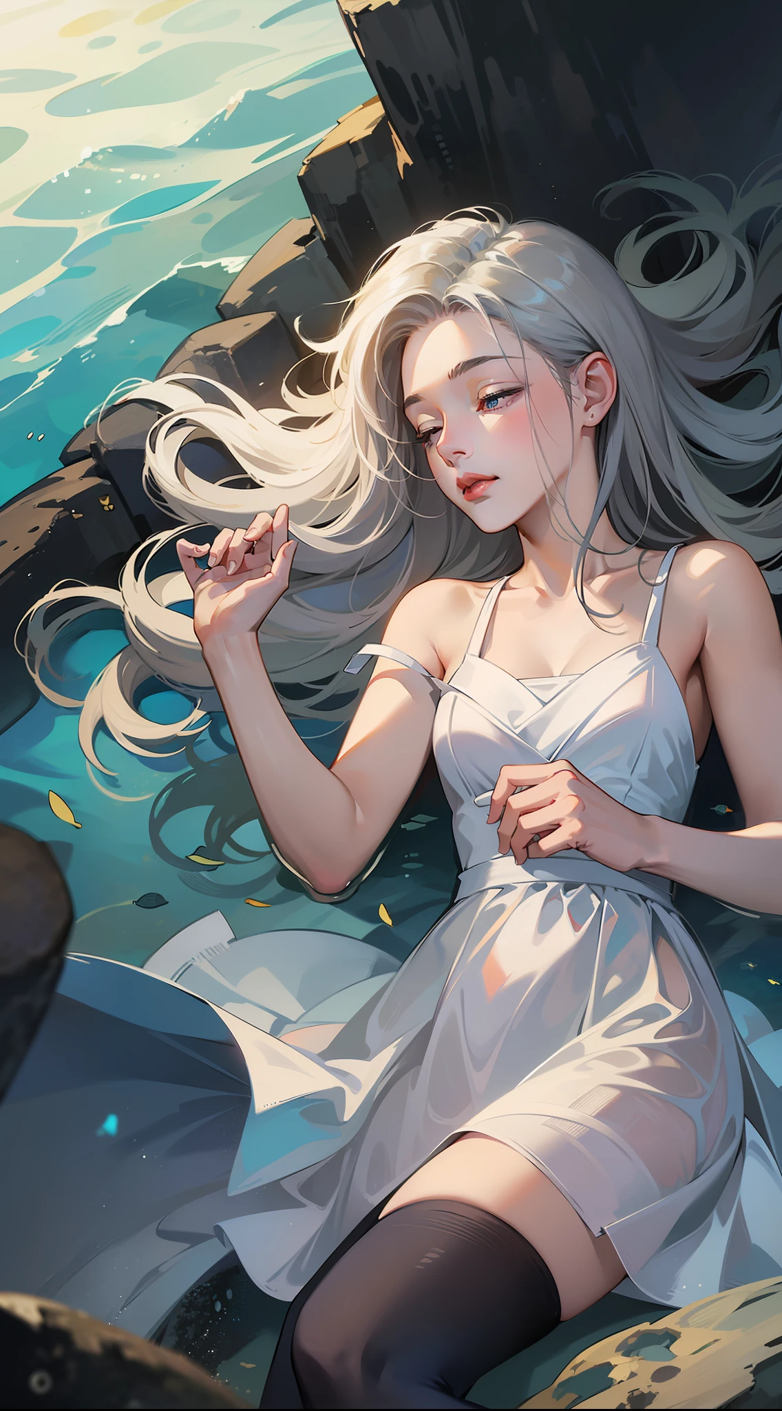 ((Superior quality, 16k, masterpiece: 1.3)), (Beauty, 1 girl, sleeping at the bottom of the sea, dark maritime scenery, white dress).
