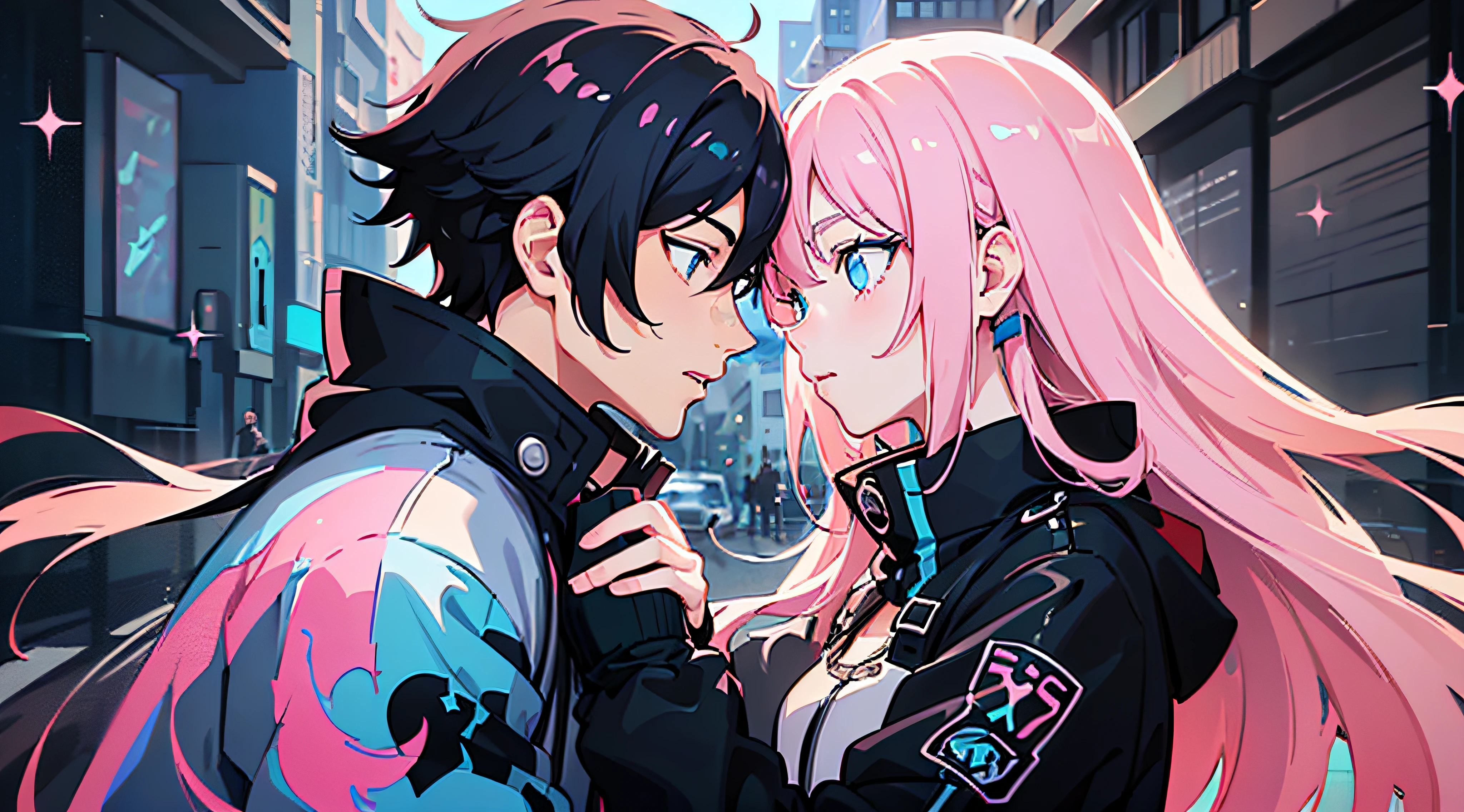 (woman with pink hair, sparkling light blue eyes)+(man with black hair and bright dark blue eyes)+(anime style Ilya Kuvshinov:1.2)+(a couple looks into each other's eyes passionately while friends notice and comment)+(full body image)