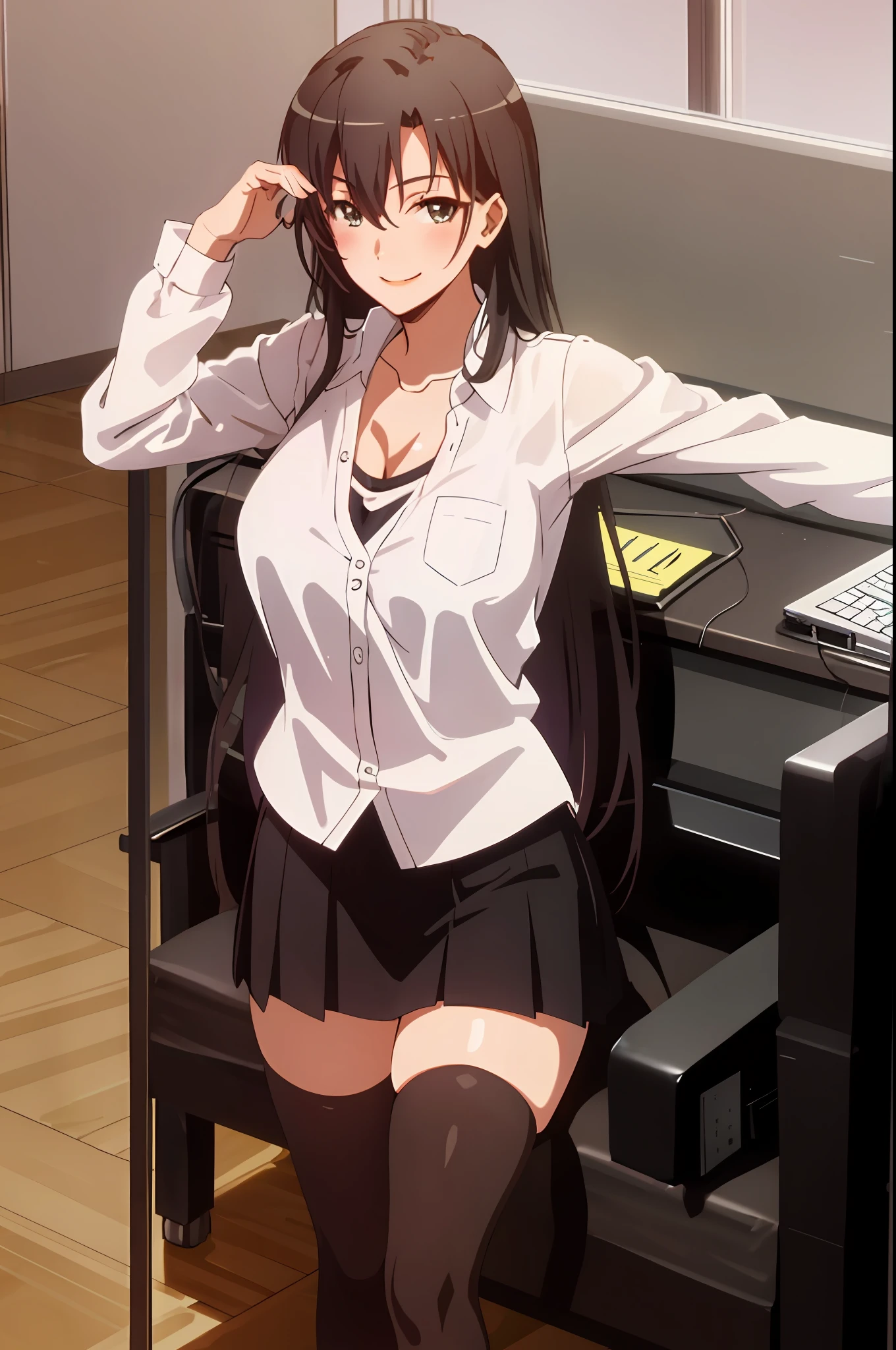 Shizuka Hiratsuka, 1girl, solo, ((white shirt)), black thighhighs, breasts, cleavage, uniform, office background, black skirt, pleated skirt, office, hair between eyes, large breasts, long hair, looking at viewer, black hair, solo, thighhighs, thighs, long hair, ((masterpiece)), sitting, chair, desk, computer on desk, name tag, id tag, indoor, blush, sexy pose, smile,