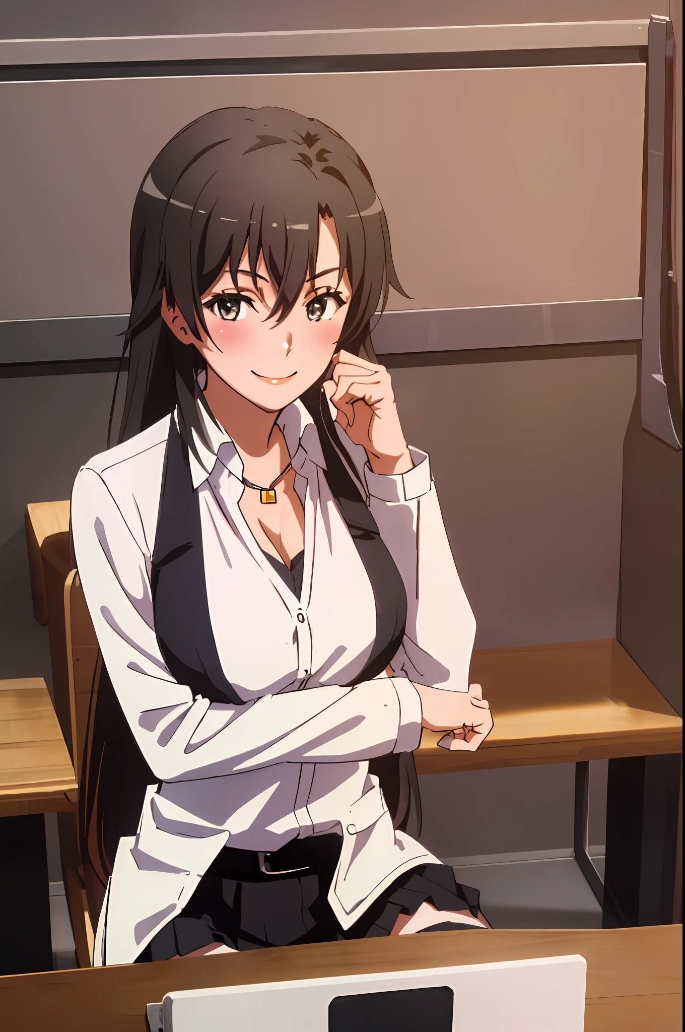 Shizuka Hiratsuka, 1girl, solo, ((white shirt)), black thighhighs, breasts, cleavage, uniform, office background, black skirt, pleated skirt, office, hair between eyes, large breasts, long hair, looking at viewer, black hair, solo, thighhighs, thighs, long hair, ((masterpiece)), sitting, chair, desk, computer on desk, name tag, id tag, indoor, blush, sexy pose, smile,