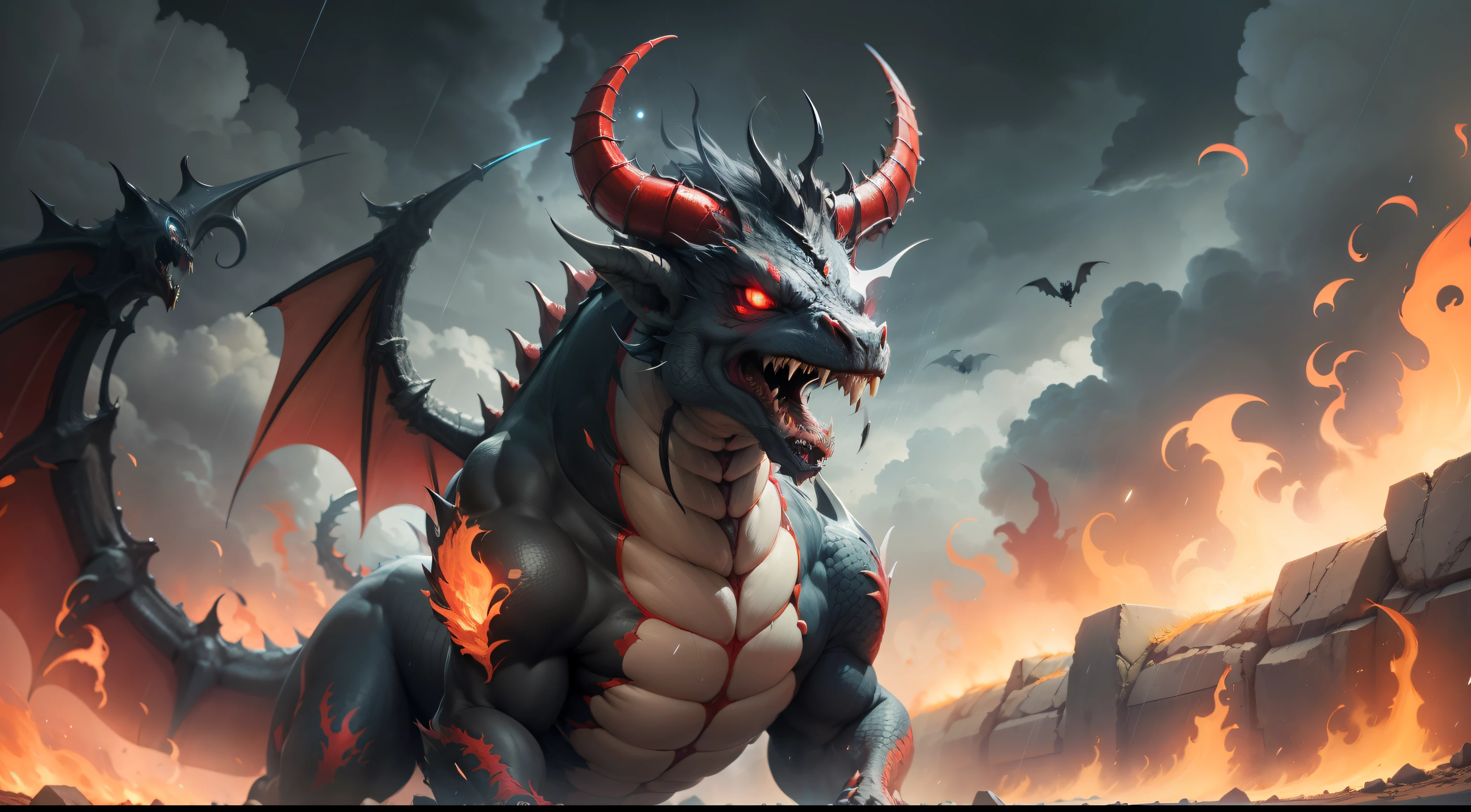 Best quality, masterpiece, ultra high res, (long: 1.2), no humans, ruined background, red eyes, (lighting horns), open mouth, sky, fangs, red dragon, overcast sky on fire, teeth, epic pose, raining, image passes fear and anger