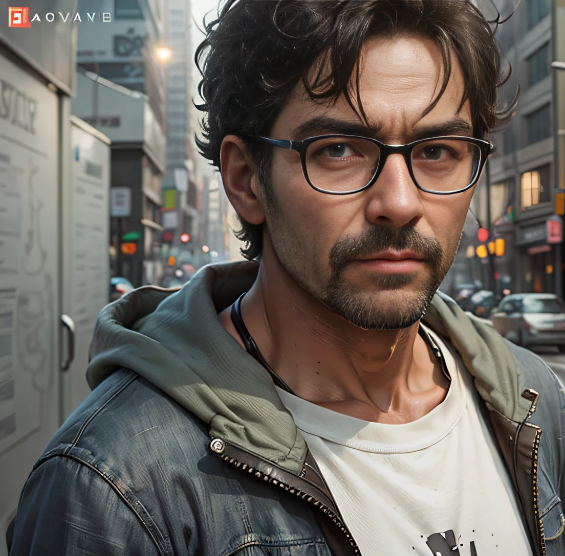 Character, a middle-aged man with glasses and sweatshirt, black hair, short hair, lighting details, anime style with defining brushstrokes, dark background with green light, 8K, Ultra HD, severe low light, high quality, clear focus,