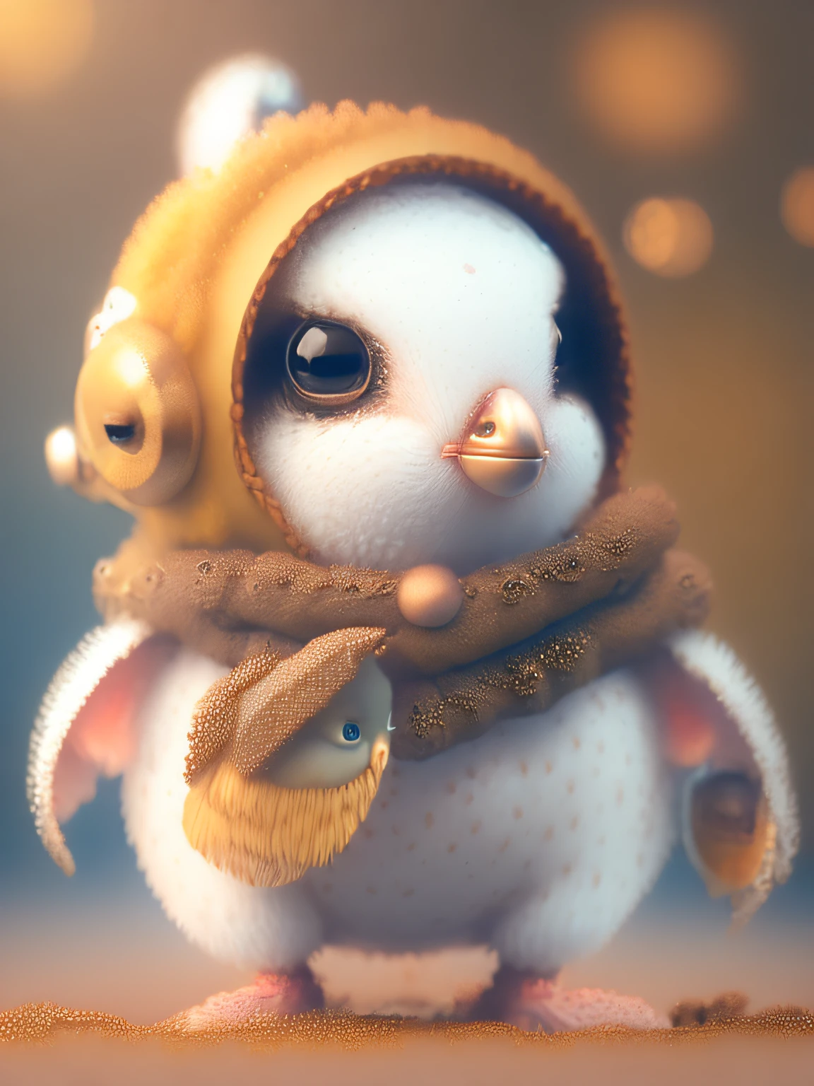 bird puppy, quail, quail baby, brown and white, big and beautiful eyes, cute, cute, pixar style, children's drawing, yellow beak, wearing orange scarf, friendly, smile,