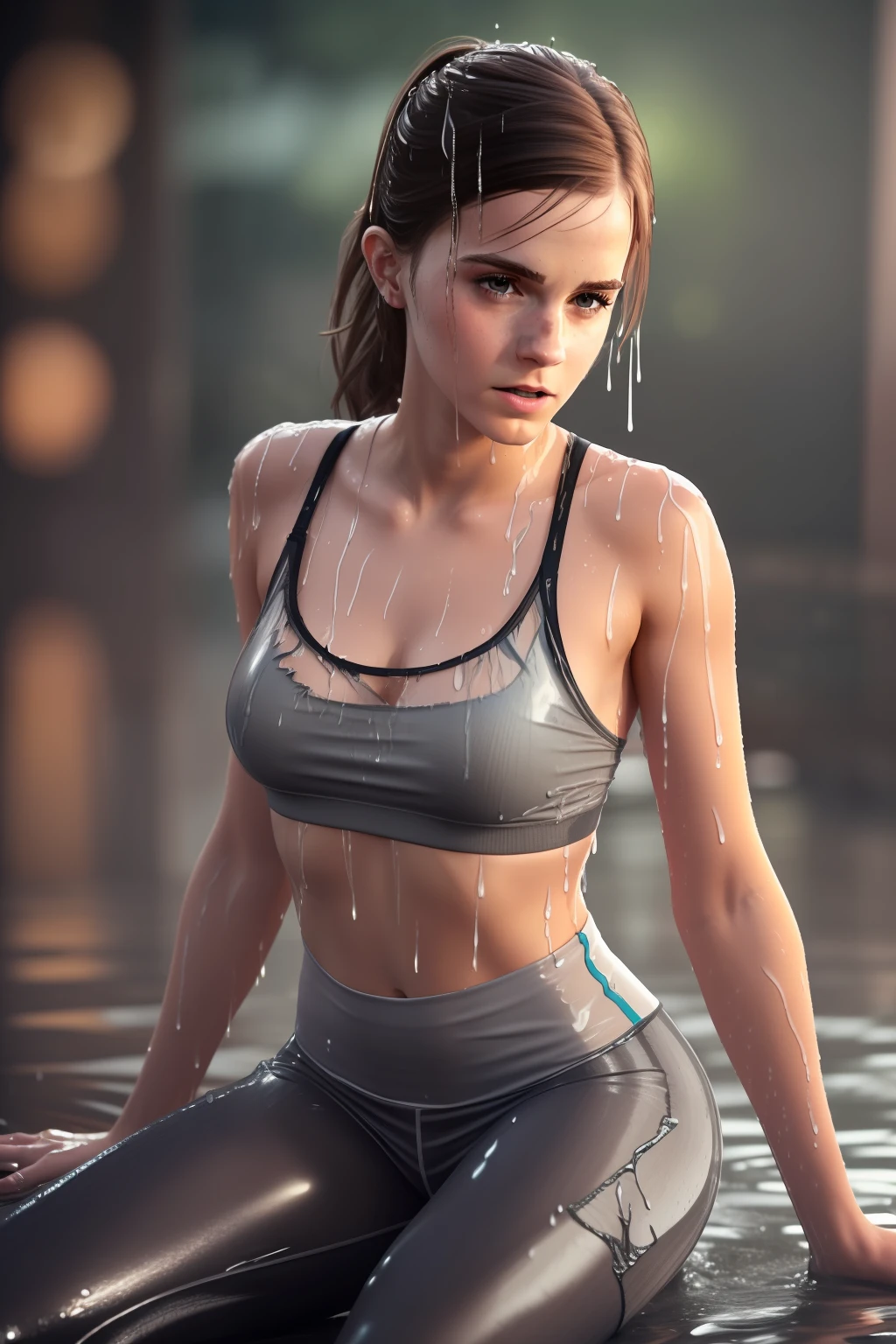 (Emma Watson), a soaking young woman lying on a simple flat table, full body, full body, ((seductive look)), ((She wears wet, worn, torn clothes)), bare belly, ((torn gray transparent top)), ((wet brown transparent leggings)). (Masterpiece:1.2) (photorealistic:1.2) (best quality) (intricate details) (8K) (High Poly) (Raytracing), (Sharp Focus), (Low Light), Dark, In the Shade, (She's got sweaty skin all over), (sweaty face), (wet clothes), (Soaking wet hair), (It's Night and Very Dark)