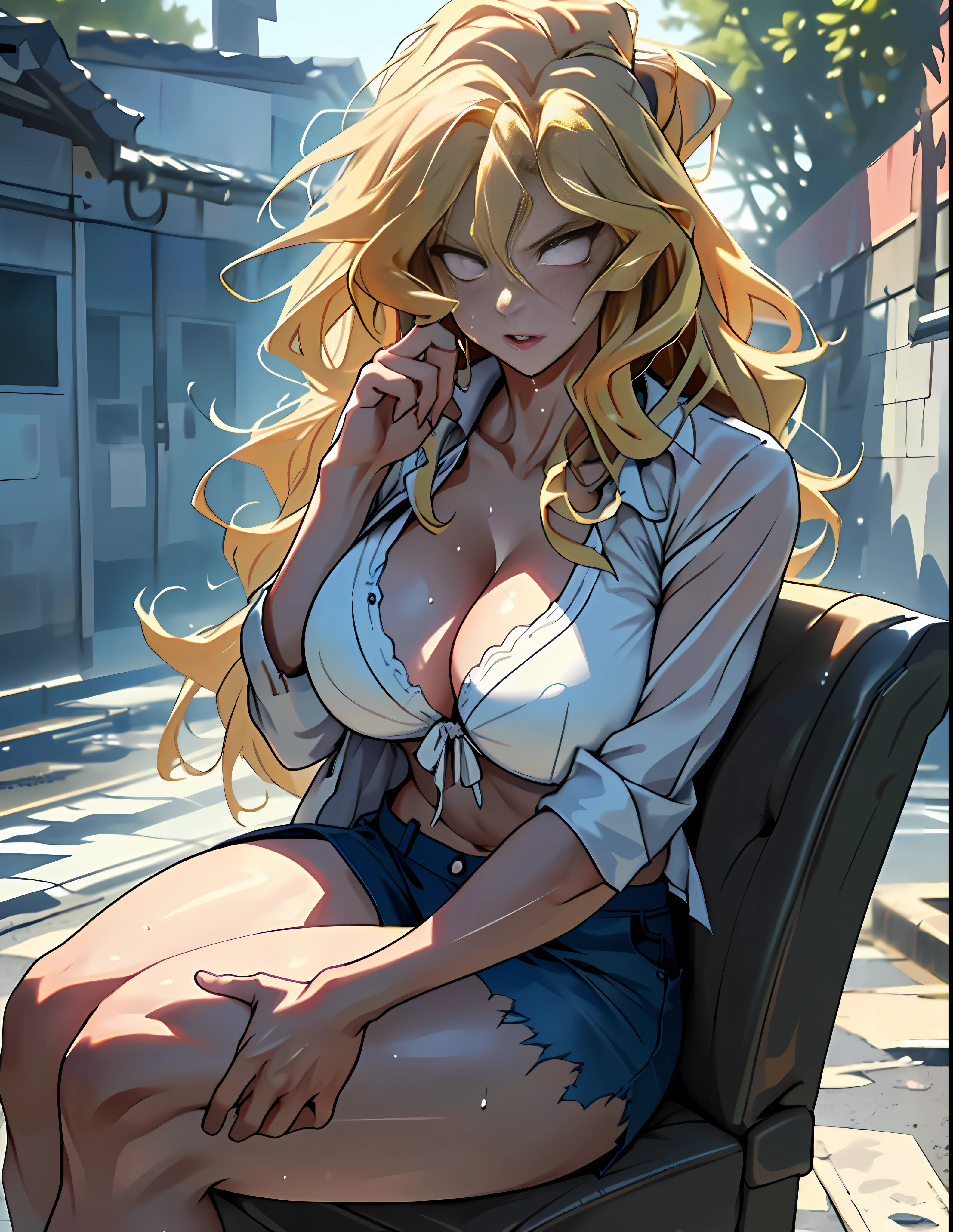 best quality, masterpiece, ultra high res, detailed background, realistic, 1girl, solo, female, muscular, mature female, long hair, blonde, messy style, makeup, sitting on a chair, legs open, showing panties, seductive scene, sticky school clothes, wet breasts, open mouth, serious face, sexy beak, beautiful eyes, well done, pink eyes (kind of violent), erotic expression, school, real shadow and light,  depth of field, huge boobs, torn clothes, torn bra, uderboob, looking at the viewer, strong wind in the face, strong wind in the hair, loose hair, Mai valentine, Konosuba, sweaty, wet, sexy, flushed, embarrassed, moaning, ((thick white liquid on the breasts)), ((very sweaty)) ((the body is dripping wet)) ((wet thighs)), ((spreading thighs)), no mistakes, well detailed, extremely well done