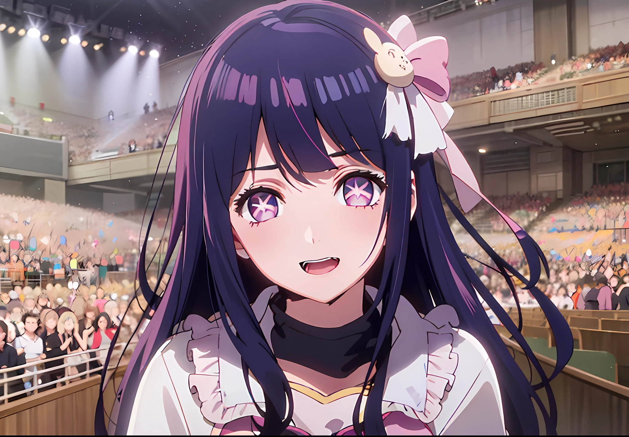 1girl, Hoshino Ai, long hair, dark blue hair ,purple eyes, hair ornament, blunt bangs, hinata hyuga as hoshino ai, (idol clothes:1.3), concert hall