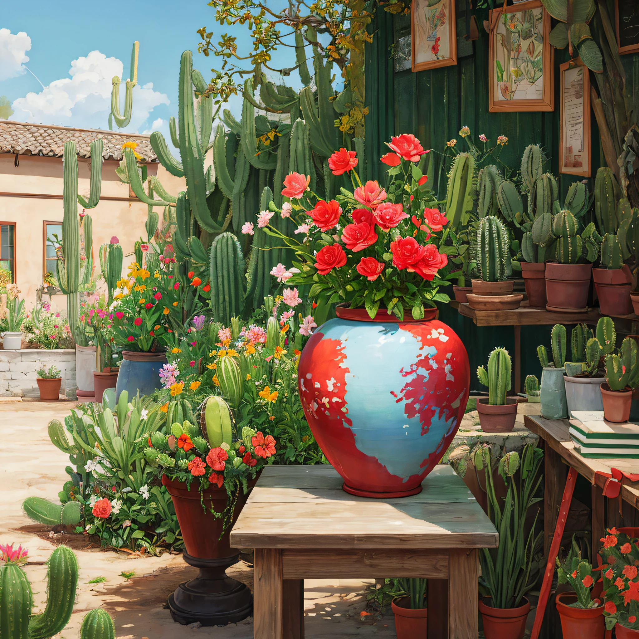 realistic painting, vibrant colors, a large red vase with various species of cacti with colorful flowers, cacti, cactus colonies, colorful flowers