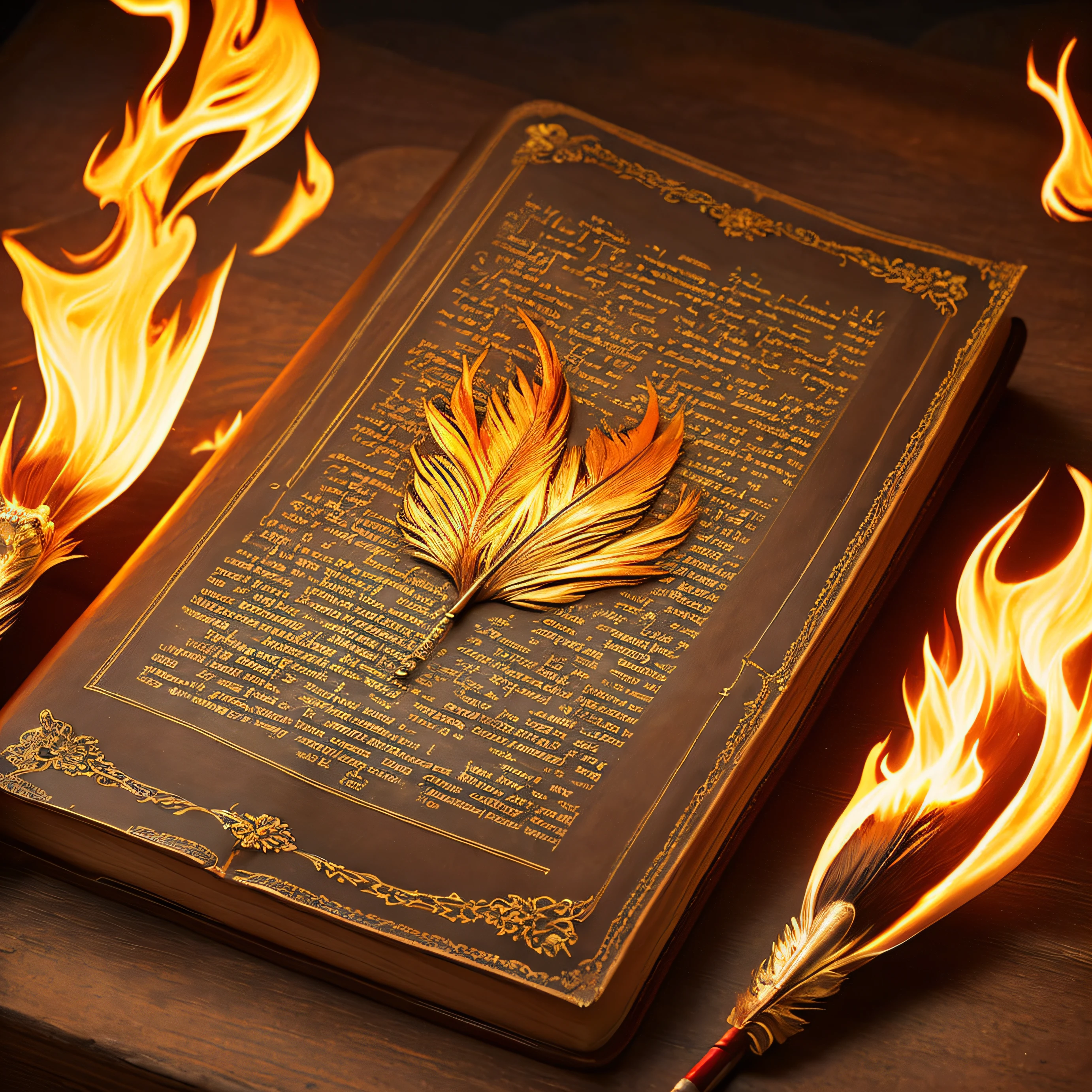 masterpiece, epic, of course! Here is a description of an image that represents a book with a feather and fire.
The image shows an open book on a table. The cover of the book is brown leather, weather-worn with some stains. On the right page of the book, there is an antique writing pen, with details carved into its wooden rod and a thin metal tip. The feather rests on the page, as if ready to write.
Around the book and the feather, there are flames of fire dancing, emitting shades of orange, yellow, and red. The flames are depicted in realistic detail, with their tongues licking the air. The fire adds an atmosphere of intensity and mysticism to the image.
This image can evoke the idea of an ancient and mysterious book, containing powerful and secret knowledge that is transmitted through the pen, while the fire symbolizes the passion and power of wisdom that are contained in the book.