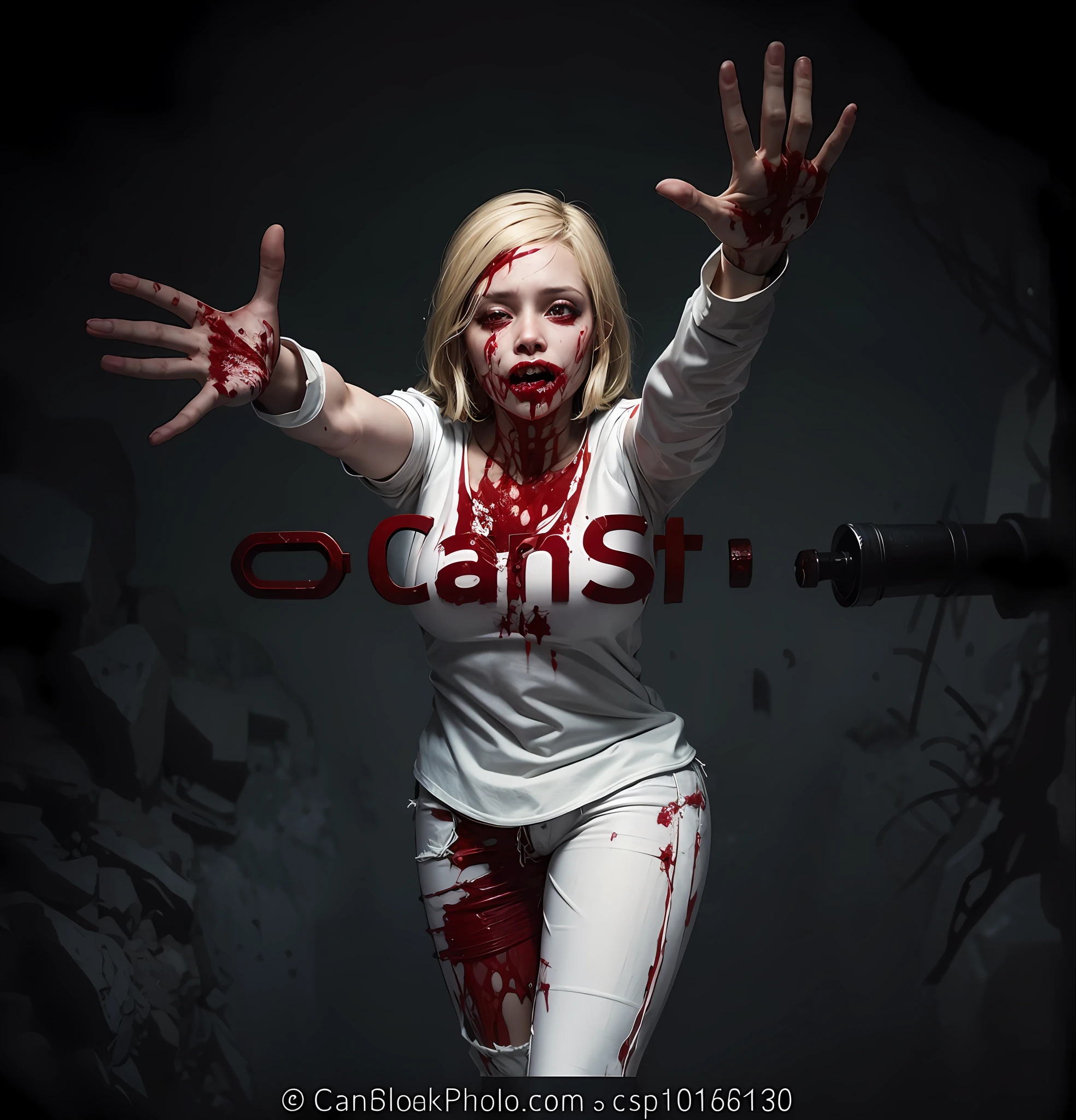 blond woman with blood on her face and white robe holding a knife, creepy sigma 75mm, pale woman covered with blood, inspired by Gottfried Helnwein, realistic cosplay, bloody eyes, blood on clothes and face, blood on body, scary look, horror photo, beautiful zombie, horror photography, hyper realism scary, bloody face, blood dripping from eyes
