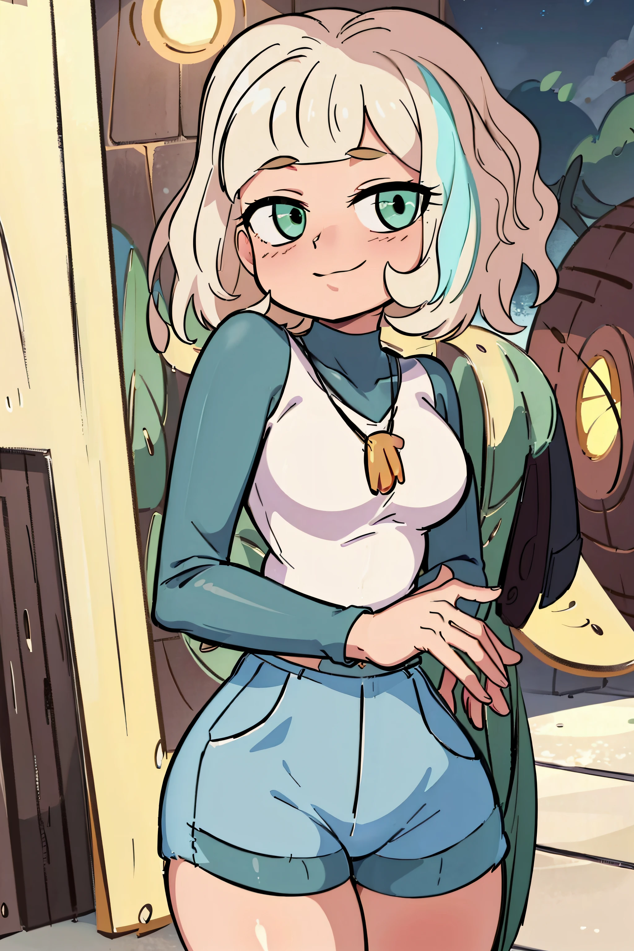 (masterpiece, best quality, high resolution:1.4), 1girl, jackie lynn thomas, casual outfit, long sleeves, blonde hair, short hair, blush, light smile, looking at viewer, shell_necklace, outdoors, night