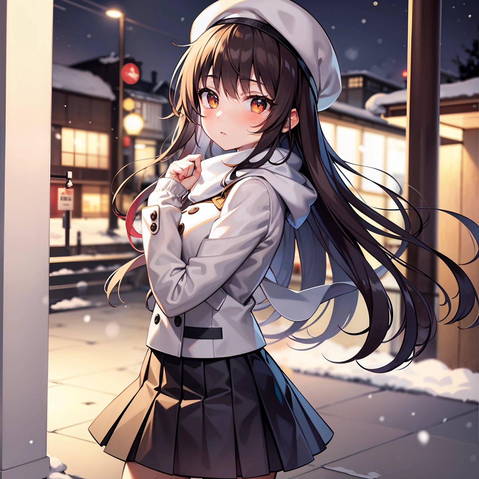 1girl, (masterpiece),street corner at night, blizzard, cute 23 year old girl and Japan, petite, look young,, baby face, brown hair, semi-long hair, white turtleneck sweater, pretty coat, black pleated skirt, stockings, scarf, white beret,looking at camera, cold expression, white breath, walking, snow on body, clothes wet, wet hair, blurred background, Only the upper body and head can be seen,Angle from the side