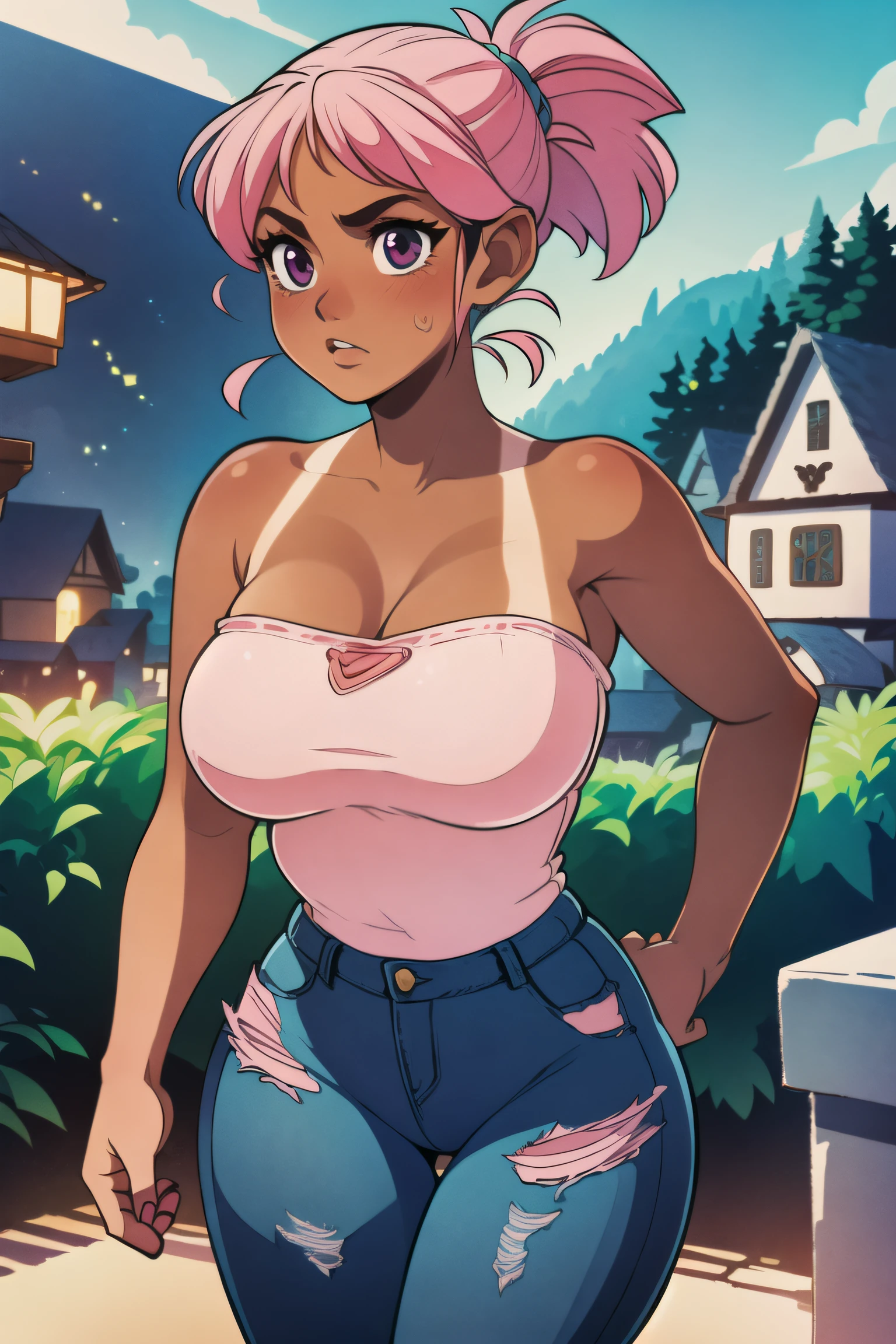 girl, (detailed eyes),(cat:1.4), Futuristic,Village Background,Plus Size,Big Breasts,(Running),Short Hair,Ponytail,(pink Bardot Top,tan Jeans:1.3),One Piece,Nail Polish ,(masterpiece,detailed,highres:1.4)