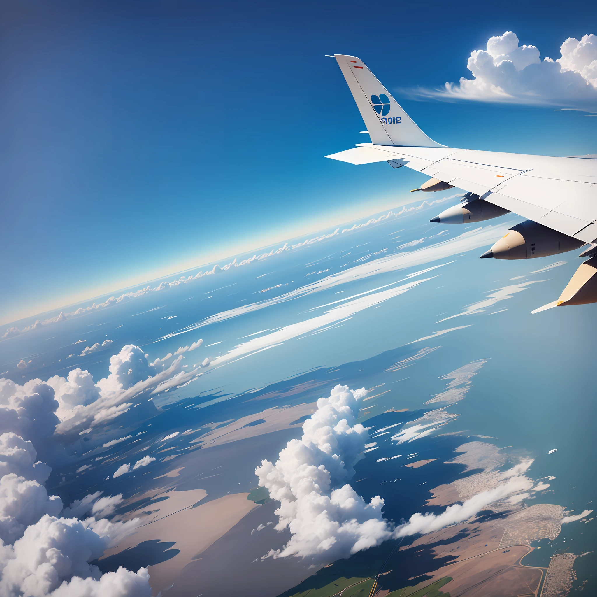 view from airplane window, cloudy day, sunshine, airplane wing --auto