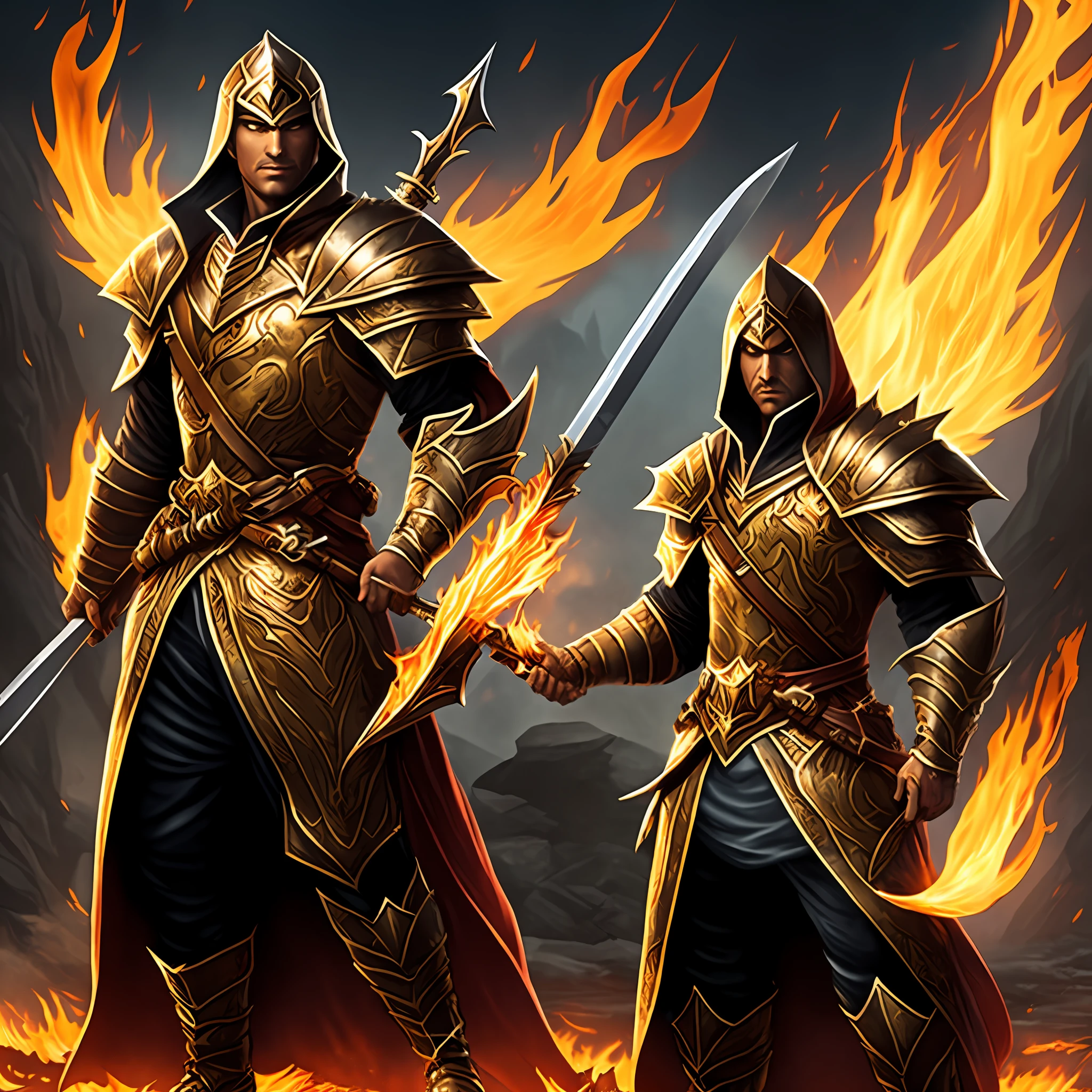 Diluc is portrayed as a young nobleman with dark hair and intense red eyes. He is known for his serious and reserved personality, often displaying a somber expression. As a character rich in history and depth, Diluc possesses a mysterious aura that surrounds him. Diluc is a user of Pyro, the element of fire, and wields a large two-handed sword called "Aquila Favonia". He is known for his exceptional combat skill, executing powerful attacks and pyrotechnic skills to defeat his enemies. His elemental ability, "Searing Onslaught", allows him to unleash a series of fiery attacks against his opponents, while his supreme attack, "Dawn", summons a giant flame that deals devastating damage. --auto
