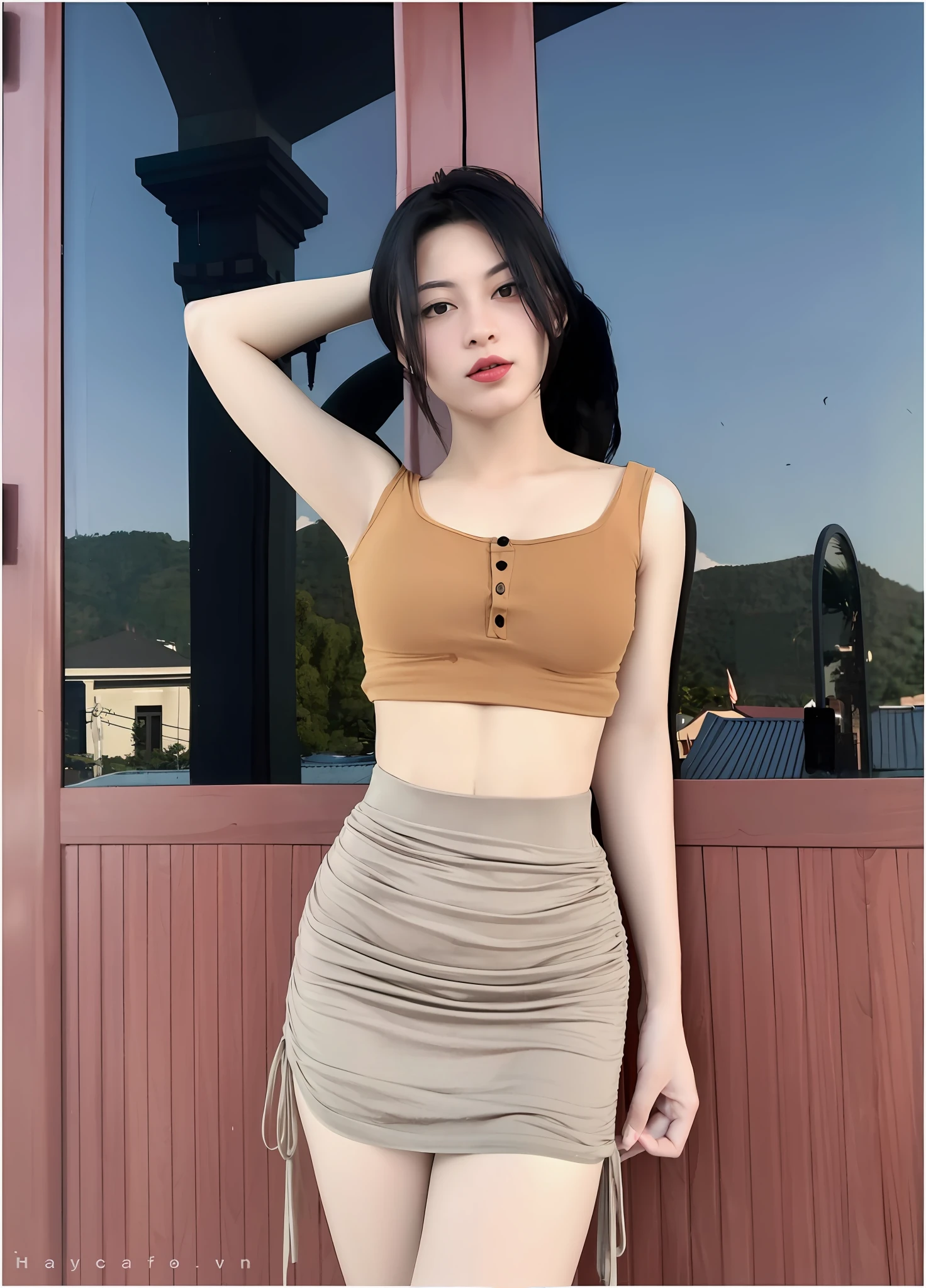 arafed asian woman in a tan top and tan skirt, skinny waist and thick hips, photo of slim girl, wearing a sexy cropped top, photo of slim girl model, instagram model, wearing a tanktop and skirt, thin-waist, thin waist, wearing tight simple clothes, slender waist, 2 4 year old female model, belly button showing