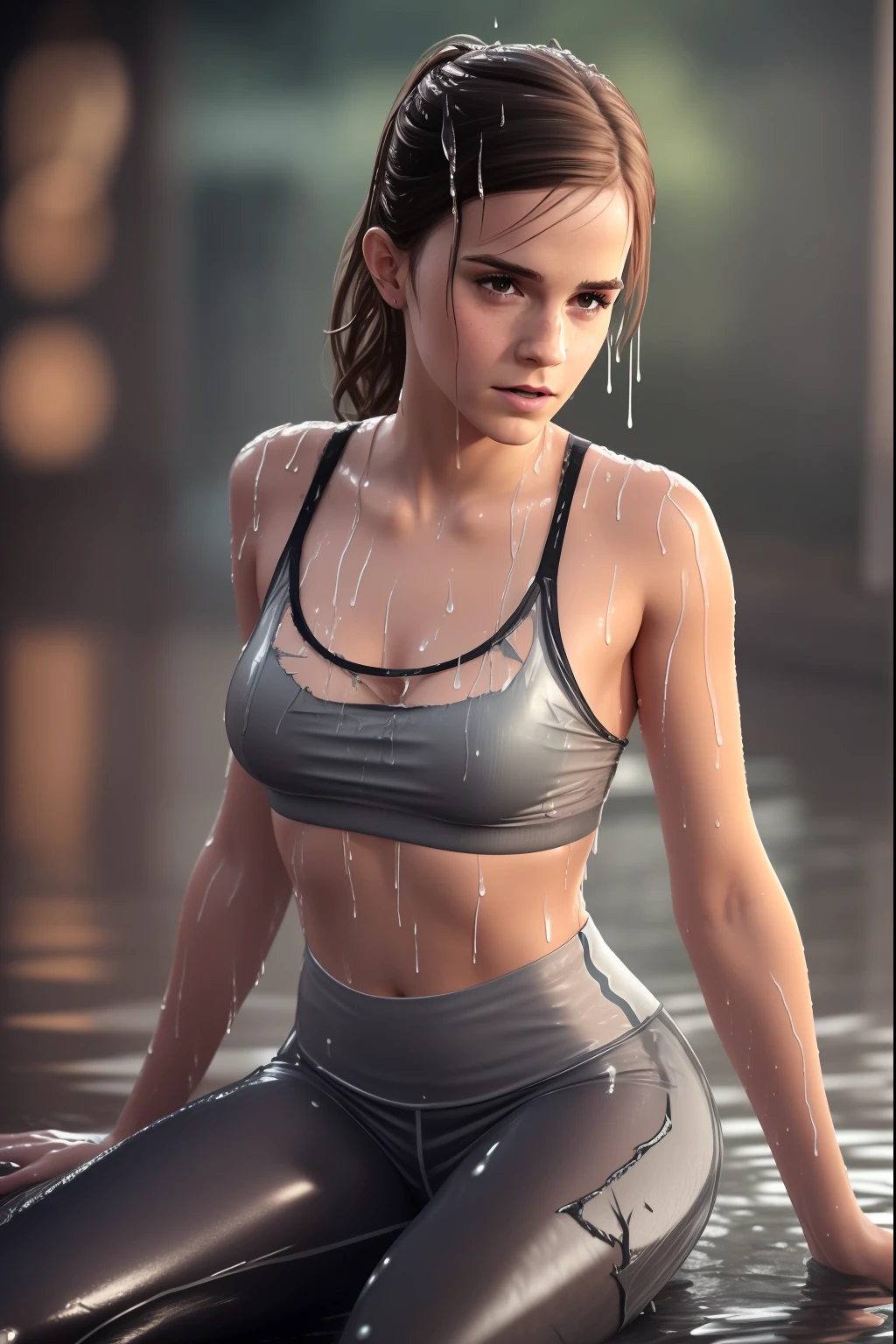 (Emma Watson), a soaking young woman lying on a simple flat table, full body, full body, ((seductive look)), ((She wears wet, worn, torn clothes)), bare belly, ((torn gray transparent top)), ((wet brown transparent leggings)). (Masterpiece:1.2) (photorealistic:1.2) (best quality) (intricate details) (8K) (High Poly) (Raytracing), (Sharp Focus), (Low Light), Dark, In the Shade, (She's got sweaty skin all over), (sweaty face), (wet clothes), (Soaking wet hair), (It's Night and Very Dark)