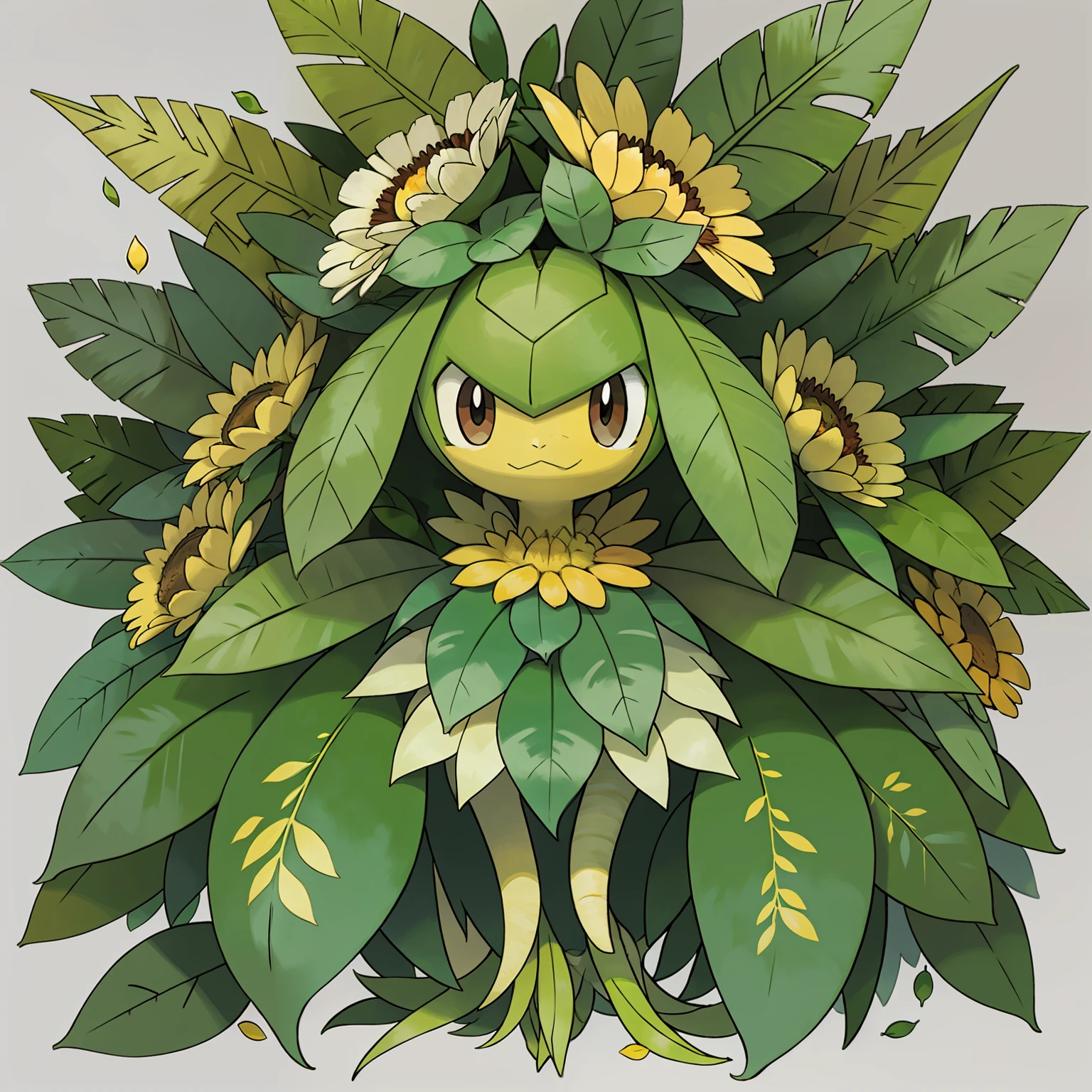 Pokemon like plant, with leaves on the head and expression of bravo, petals flying everywhere