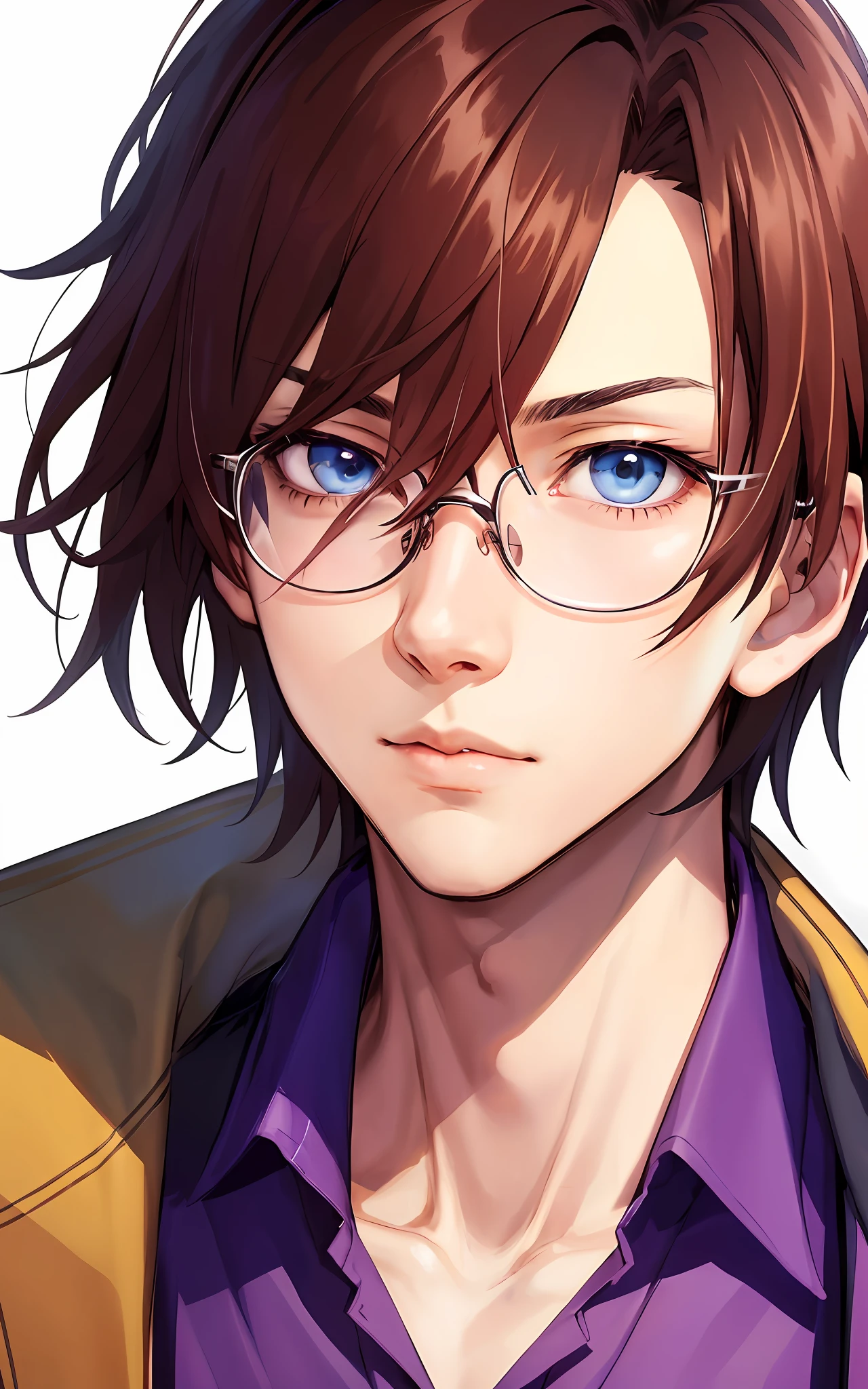 anime boy with glasses and a purple shirt looking at the camera, anime handsome man, anime portrait of a handsome man, tall anime guy with blue eyes, handsome anime eyes, detailed anime character art, young anime man, makoto shinkai and artgerm, male anime character, shigenori soejima illustration, realistic anime artstyle, male anime style