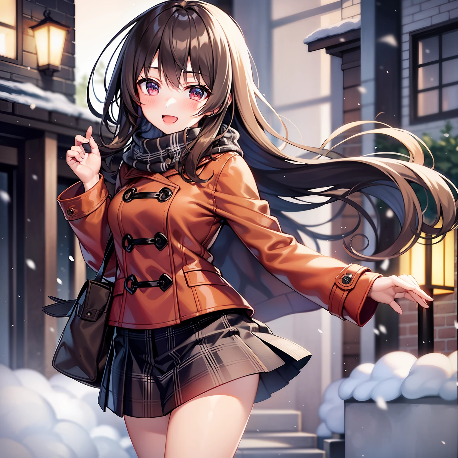 1girl, Unpopular night park, Powder snow fluttering, Japan with cute 23 year old girl, ite, look young,, babrown hair, semi-long hair, white turtleneck sweater, brown duffel coat, black pleated skirt, red checked scarf, looking at camera, happy smile, blurred background, arms outstretched,angle from diagonal rear