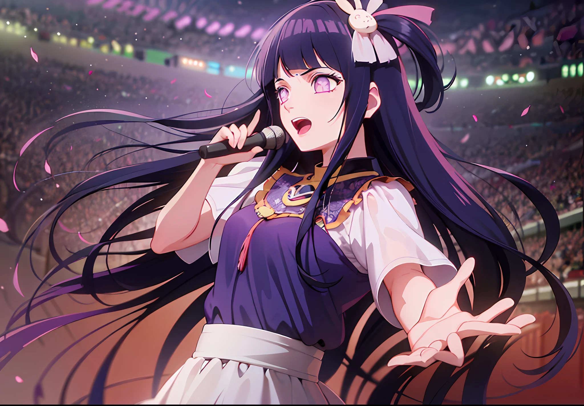 1girl, Hoshino Ai, long hair, dark blue hair ,purple eyes, hair ornament, blunt bangs, hinata hyuga as hoshino ai, (idol clothes:1.3), concert hall, singing