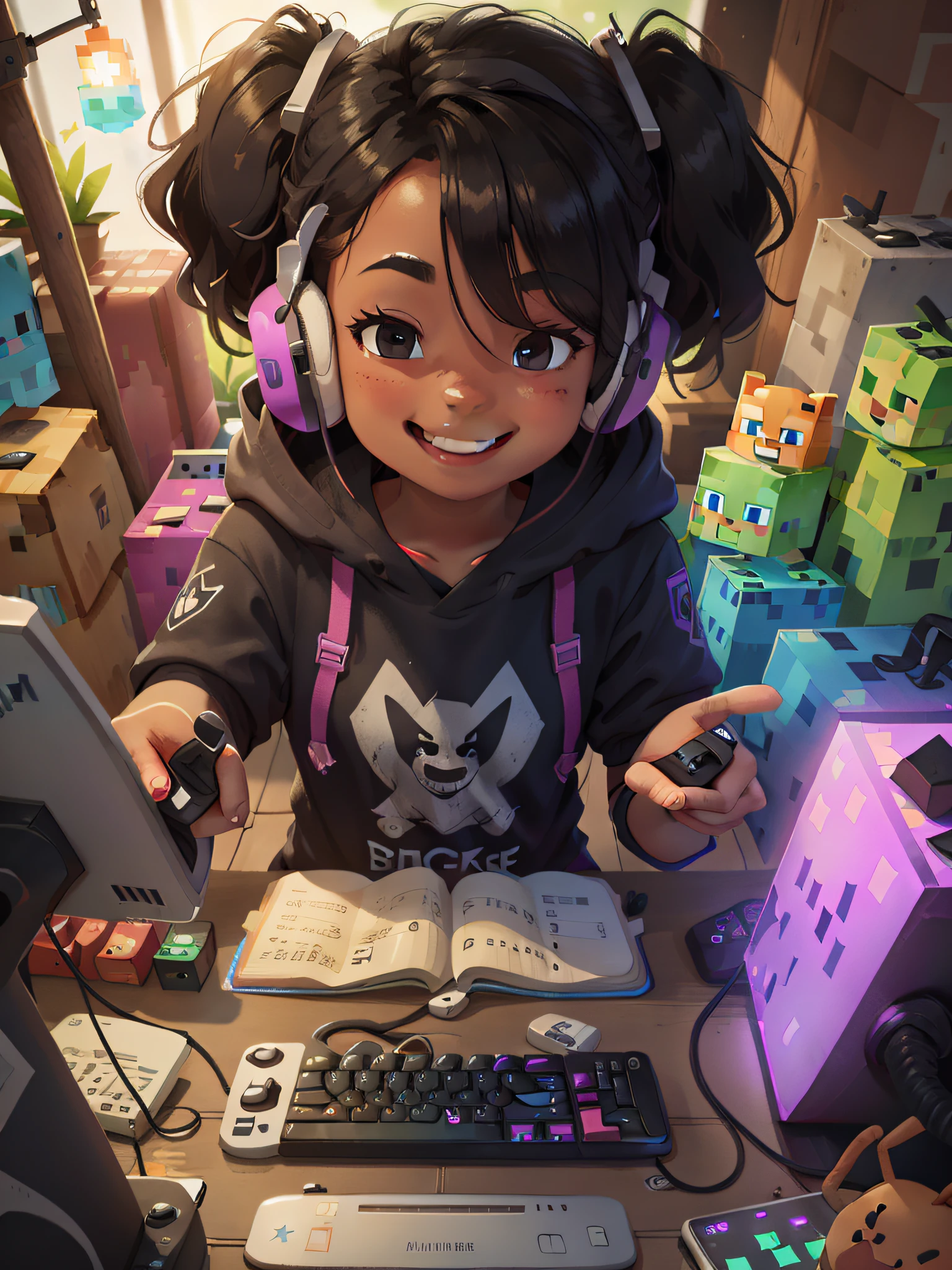 black girl gamer smiling, perfect hands, rgb keyboard, gamer computer, headset, playing minecraft, live stream
