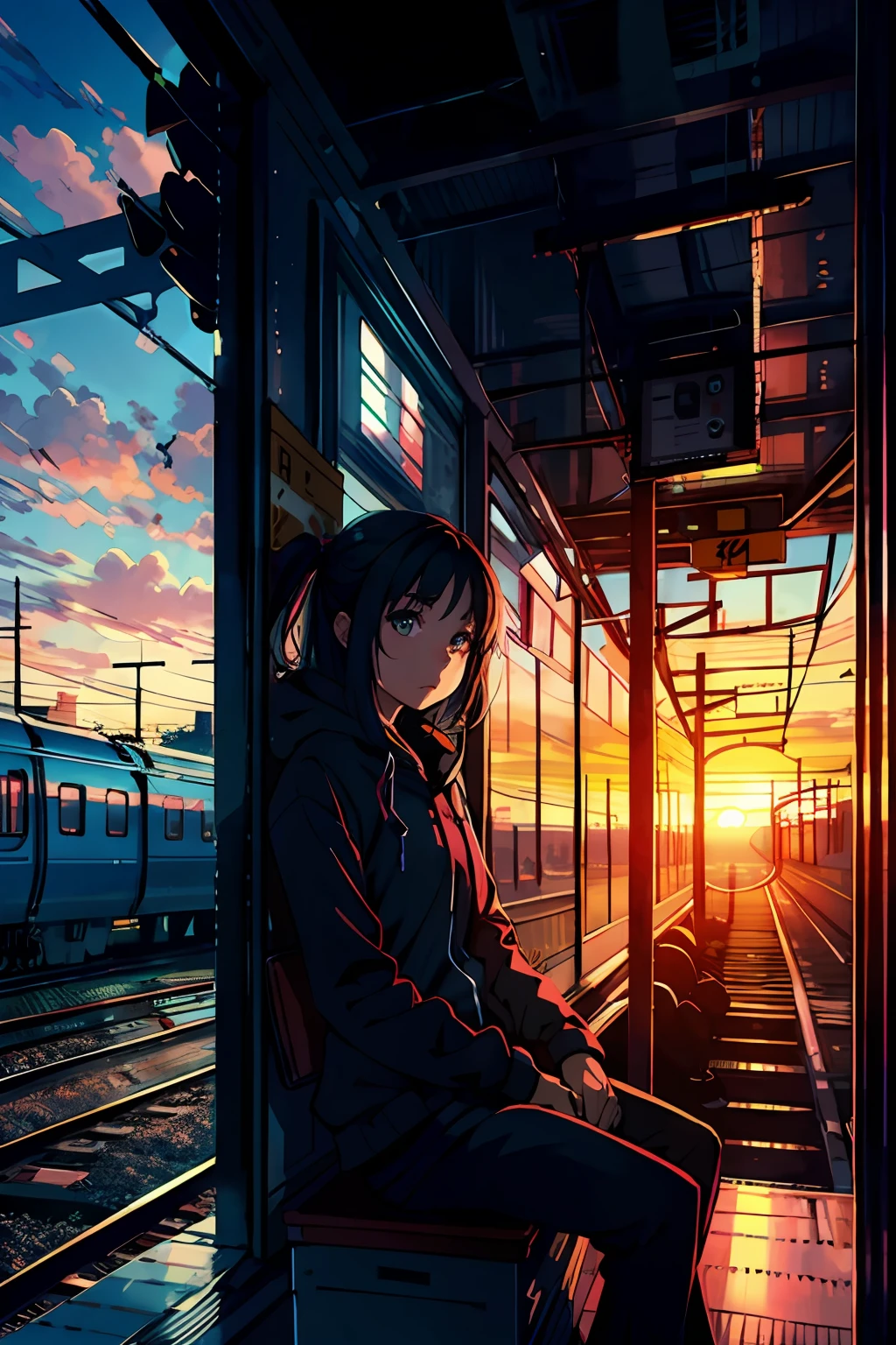 Girl sitting at the train station, Sunset